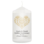 Personalised Gold Damask Heart Pillar Candle for Wedding