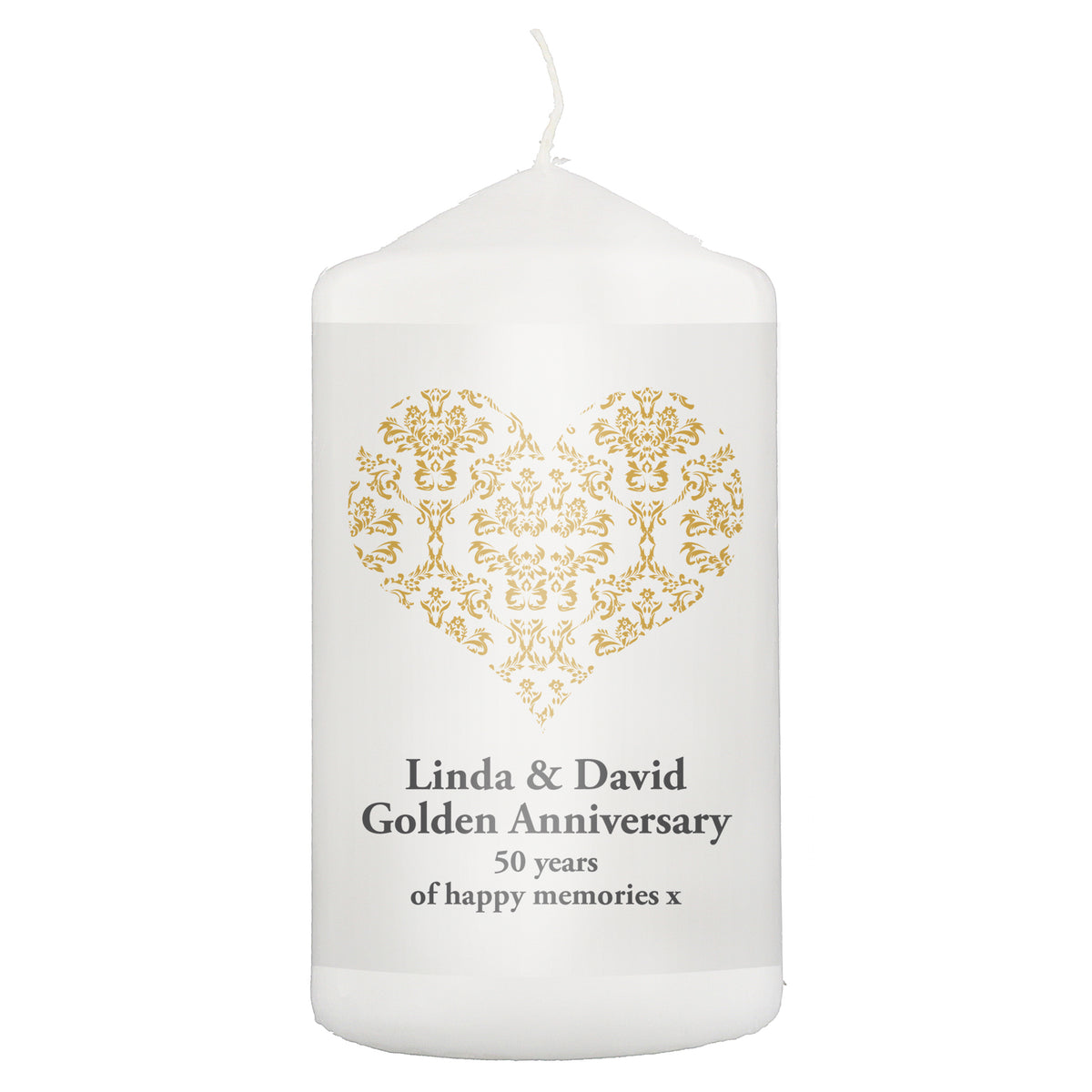Personalised Gold Damask Heart Pillar Candle for Wedding