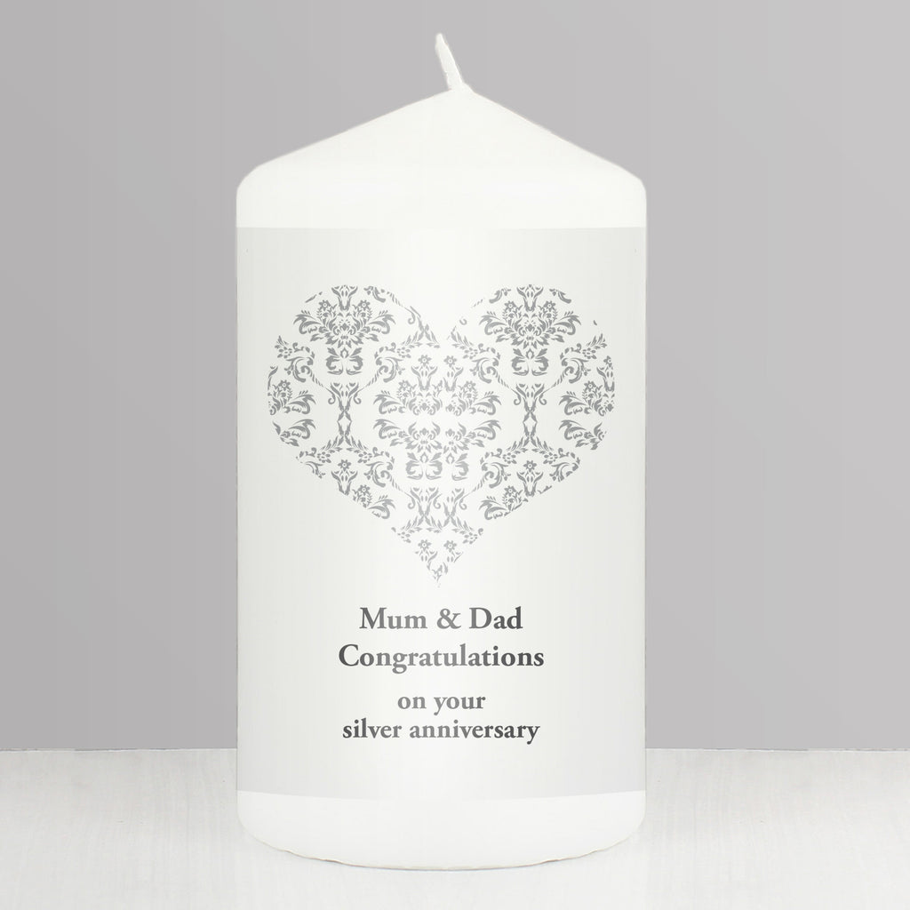 Personalised Silver Damask Heart Pillar Candle | Candles & Reed Diffusers | Wedding Gift