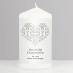 Personalised Silver Damask Heart Pillar Candle | Candles & Reed Diffusers | Wedding Gift