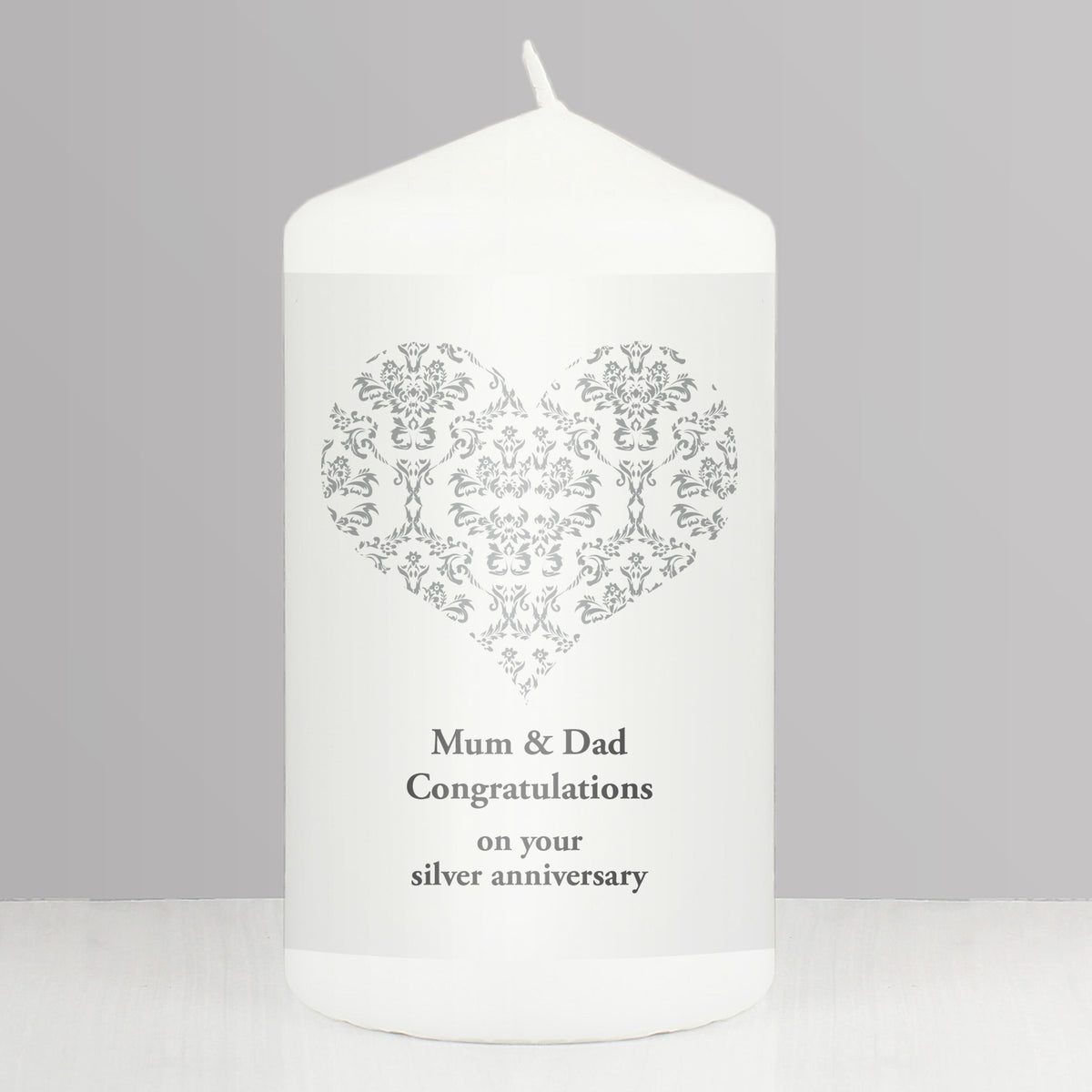 Personalised Silver Damask Heart Pillar Candle | Candles & Reed Diffusers | Wedding Gift