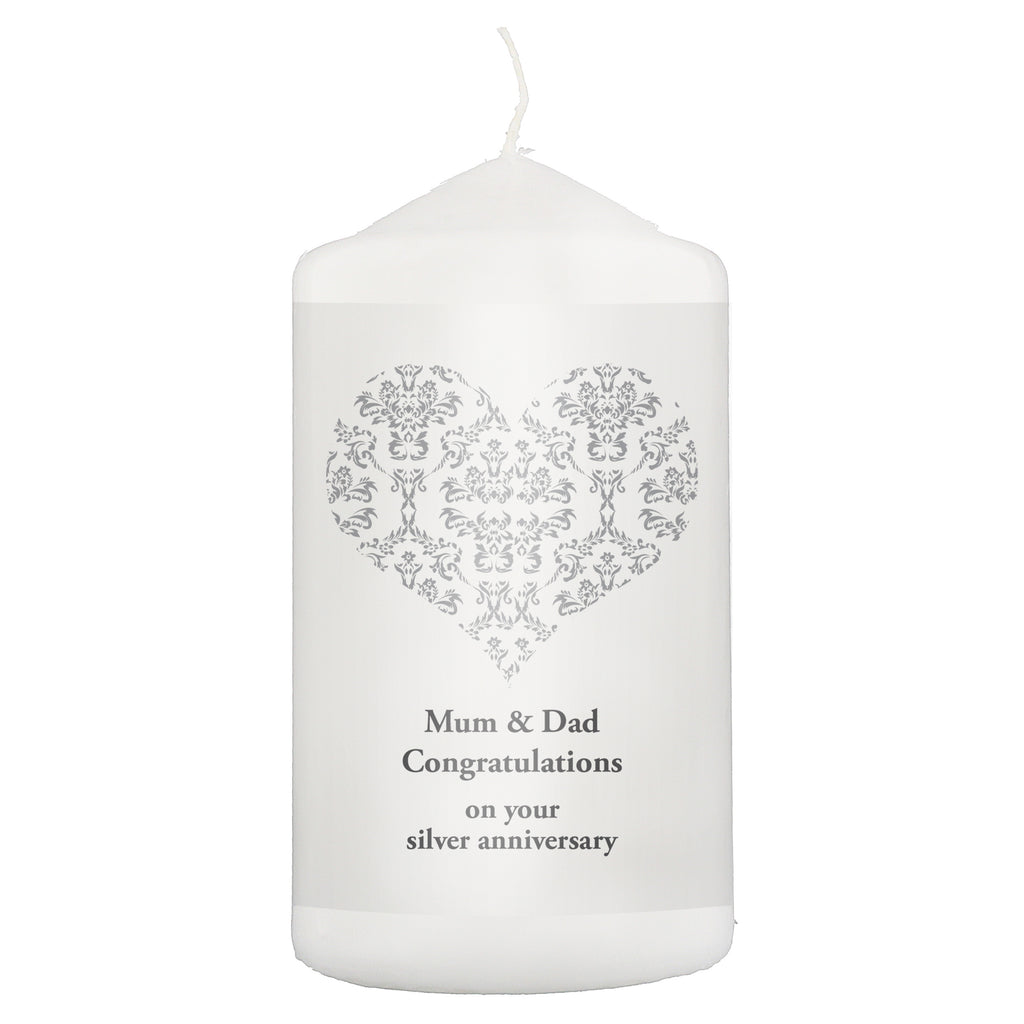Personalised Silver Damask Heart Pillar Candle | Candles & Reed Diffusers | Wedding Gift