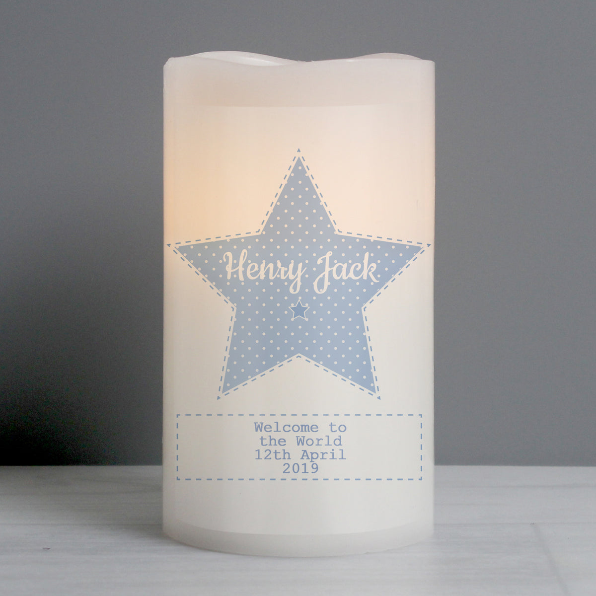 Personalised Stitch & Dot Baby Boy Nightlight LED Candle for New Baby