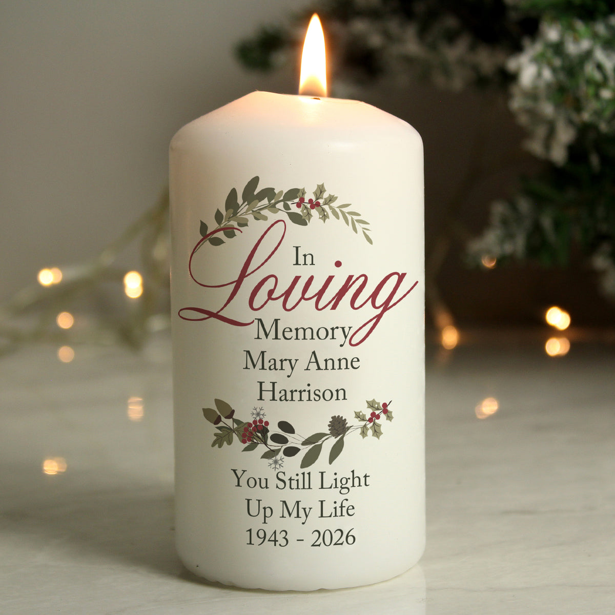 Personalised In Loving Memory Wreath Pillar Candle for Christmas