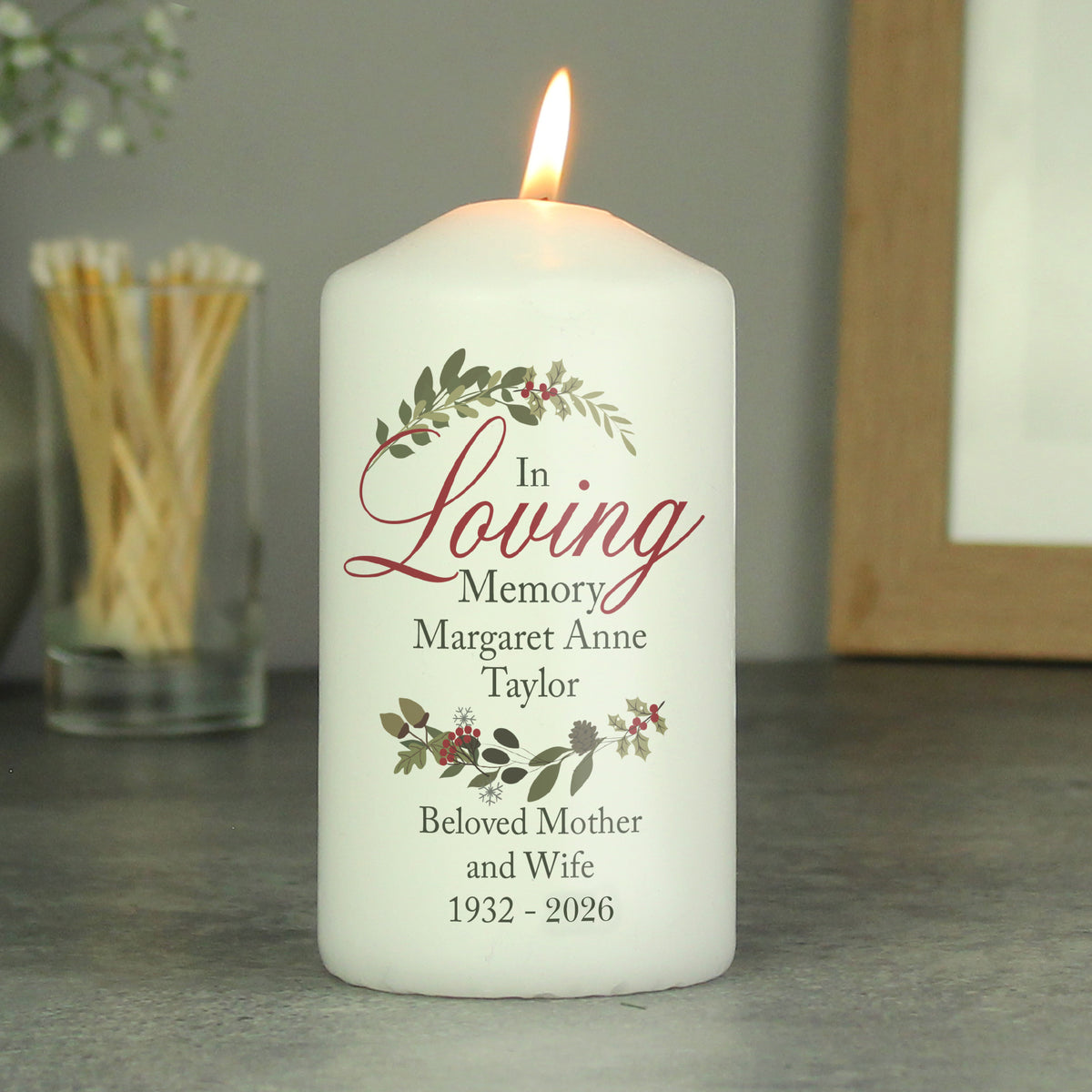 Personalised In Loving Memory Wreath Pillar Candle for Christmas