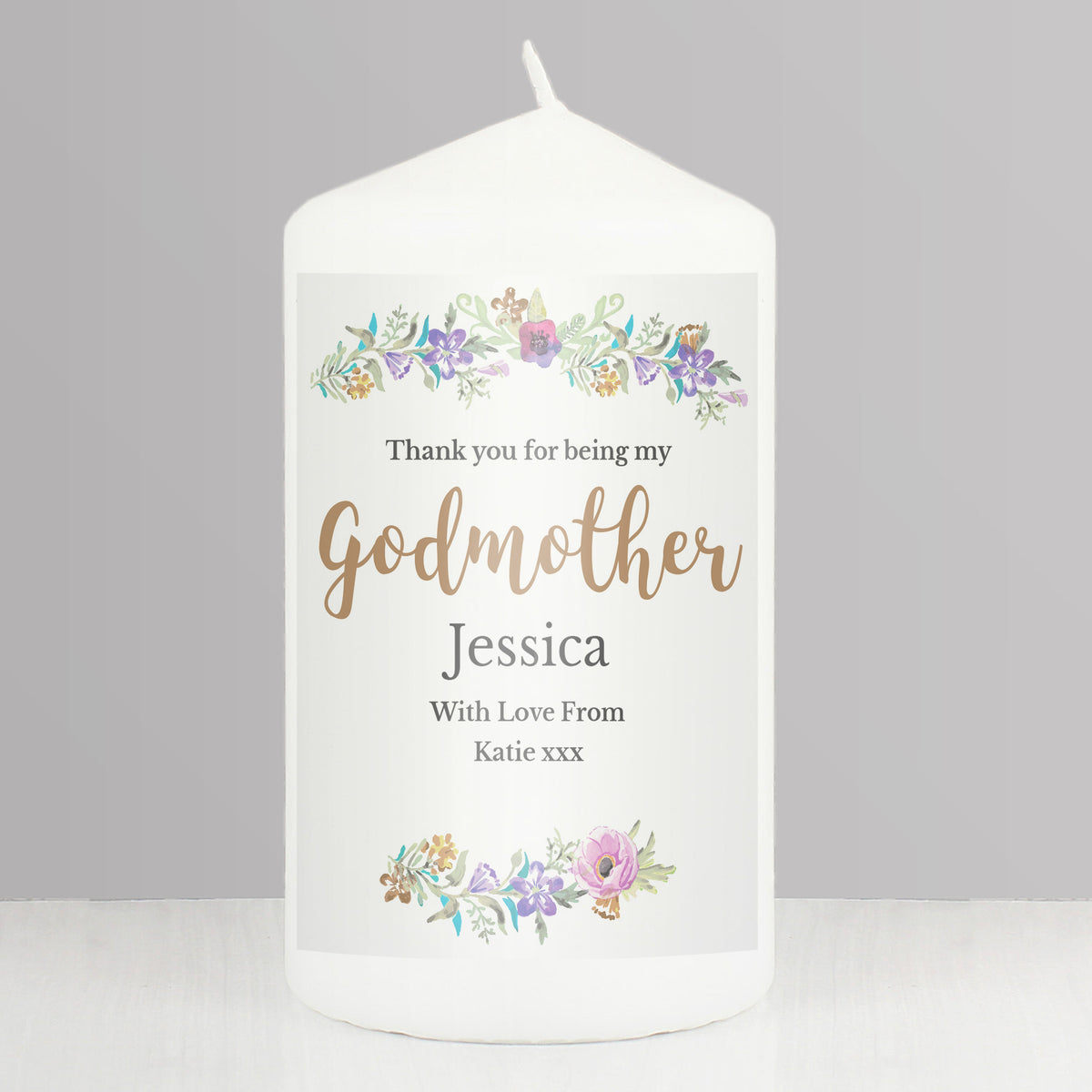 Personalised Godmother 'Floral Watercolour' Pillar Candle | Candles & Reed Diffusers | Mother's Day Gift