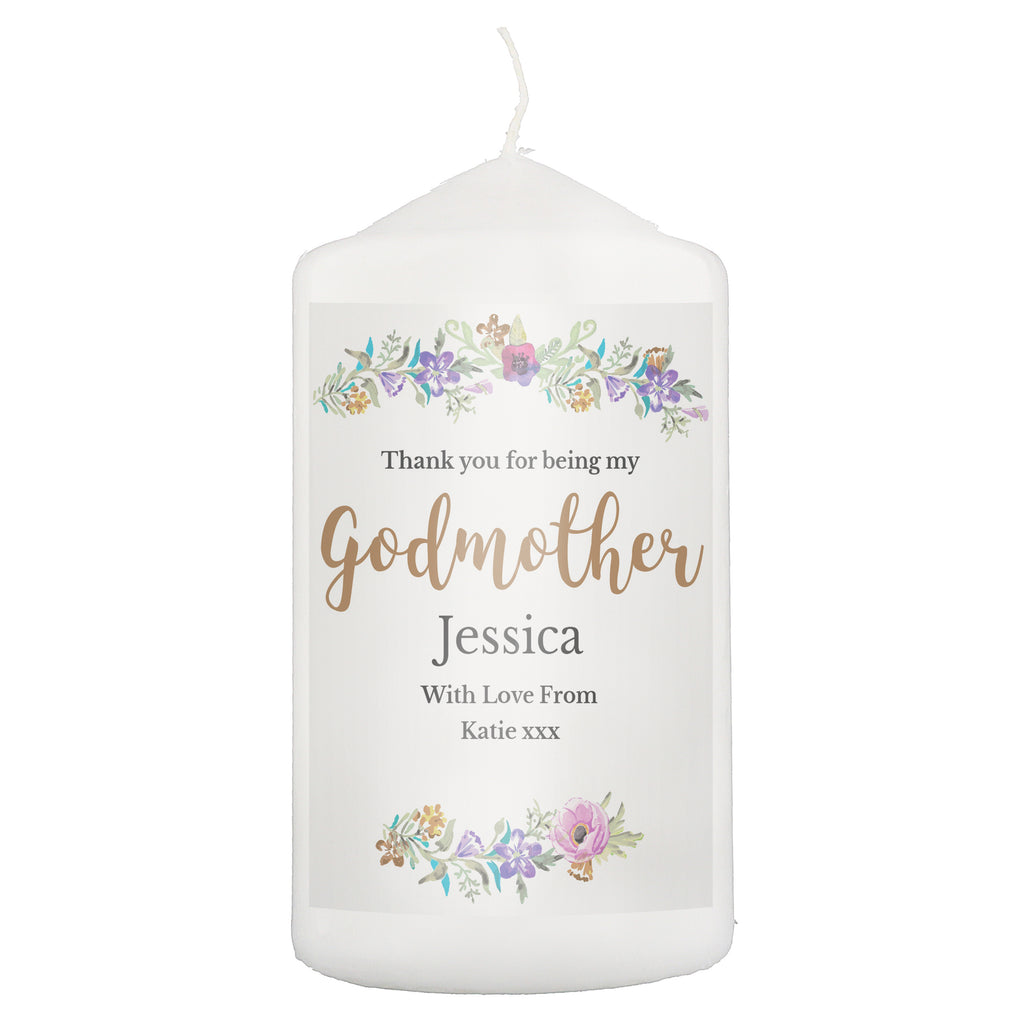 Personalised Godmother 'Floral Watercolour' Pillar Candle | Candles & Reed Diffusers | Mother's Day Gift