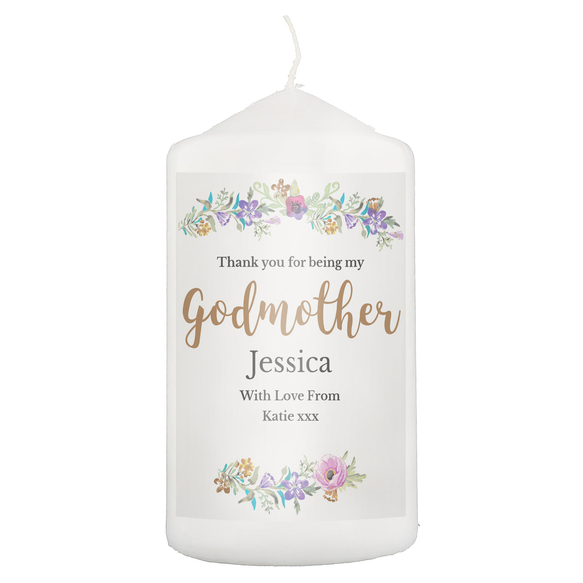Personalised Godmother 'Floral Watercolour' Pillar Candle | Candles & Reed Diffusers | Mother's Day Gift