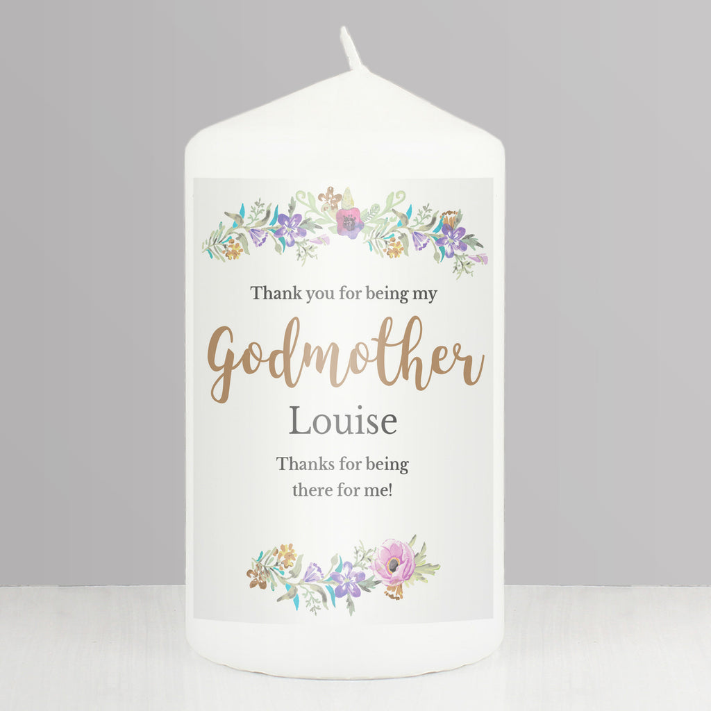 Personalised Godmother 'Floral Watercolour' Pillar Candle | Candles & Reed Diffusers | Mother's Day Gift