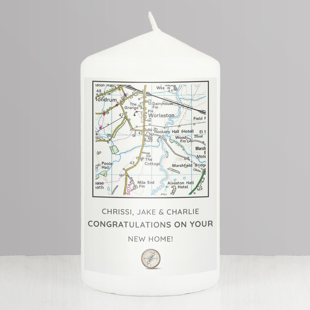 Personalised Present Day Map Compass Pillar Candle | Candles & Reed Diffusers