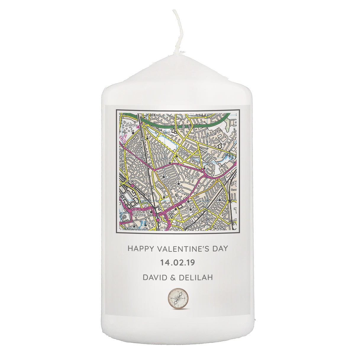 Personalised Present Day Map Compass Pillar Candle | Candles & Reed Diffusers