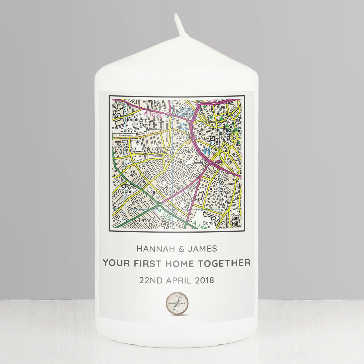 Personalised Present Day Map Compass Pillar Candle | Candles & Reed Diffusers