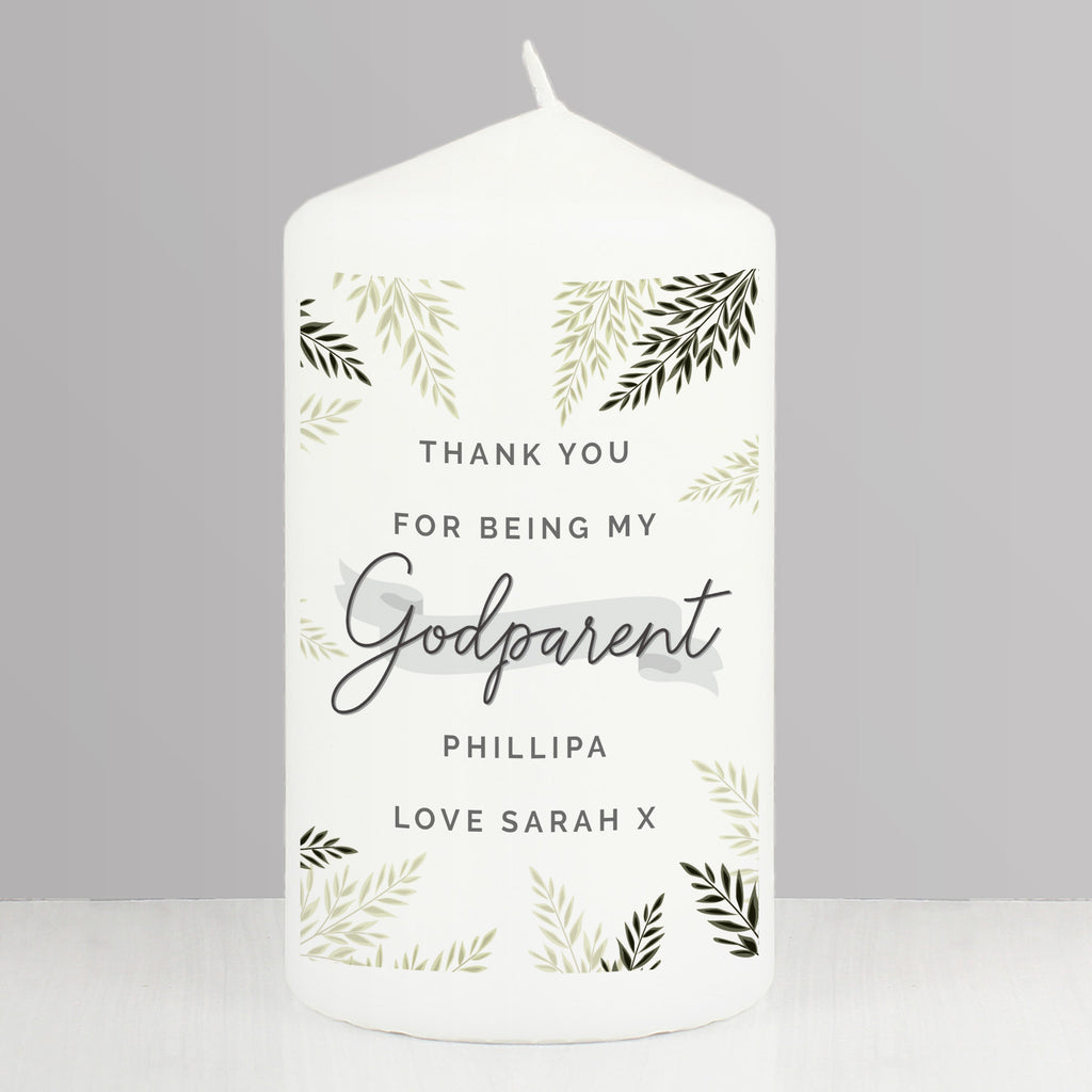 Personalised Godparent Leaves Pillar Candle for Christening