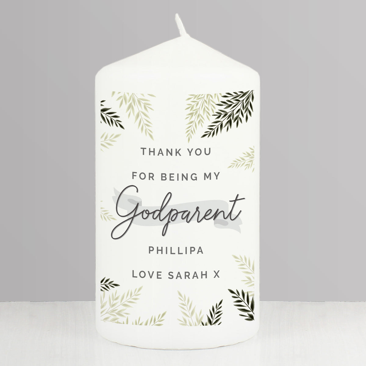 Personalised Godparent Leaves Pillar Candle for Christening