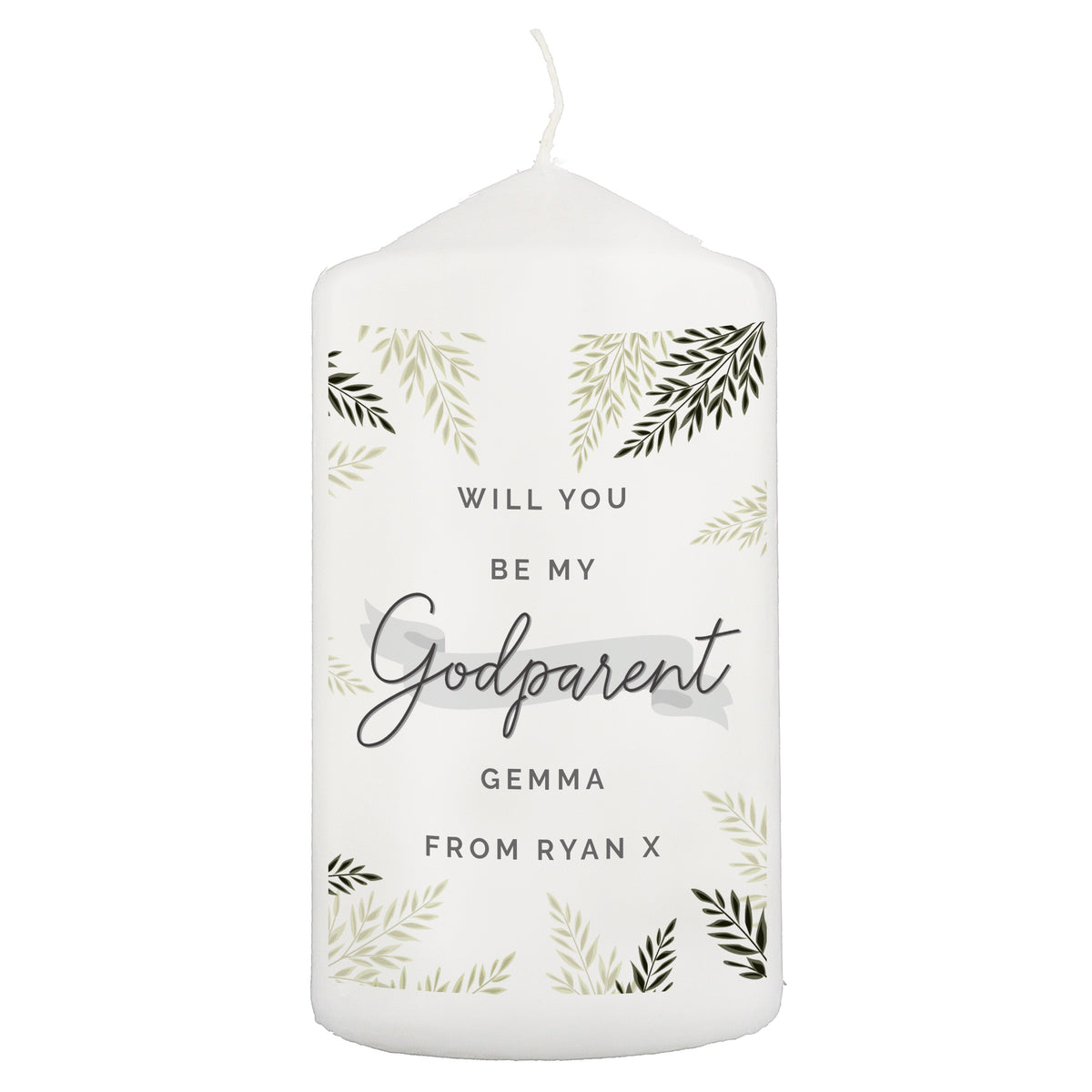 Personalised Godparent Leaves Pillar Candle for Christening