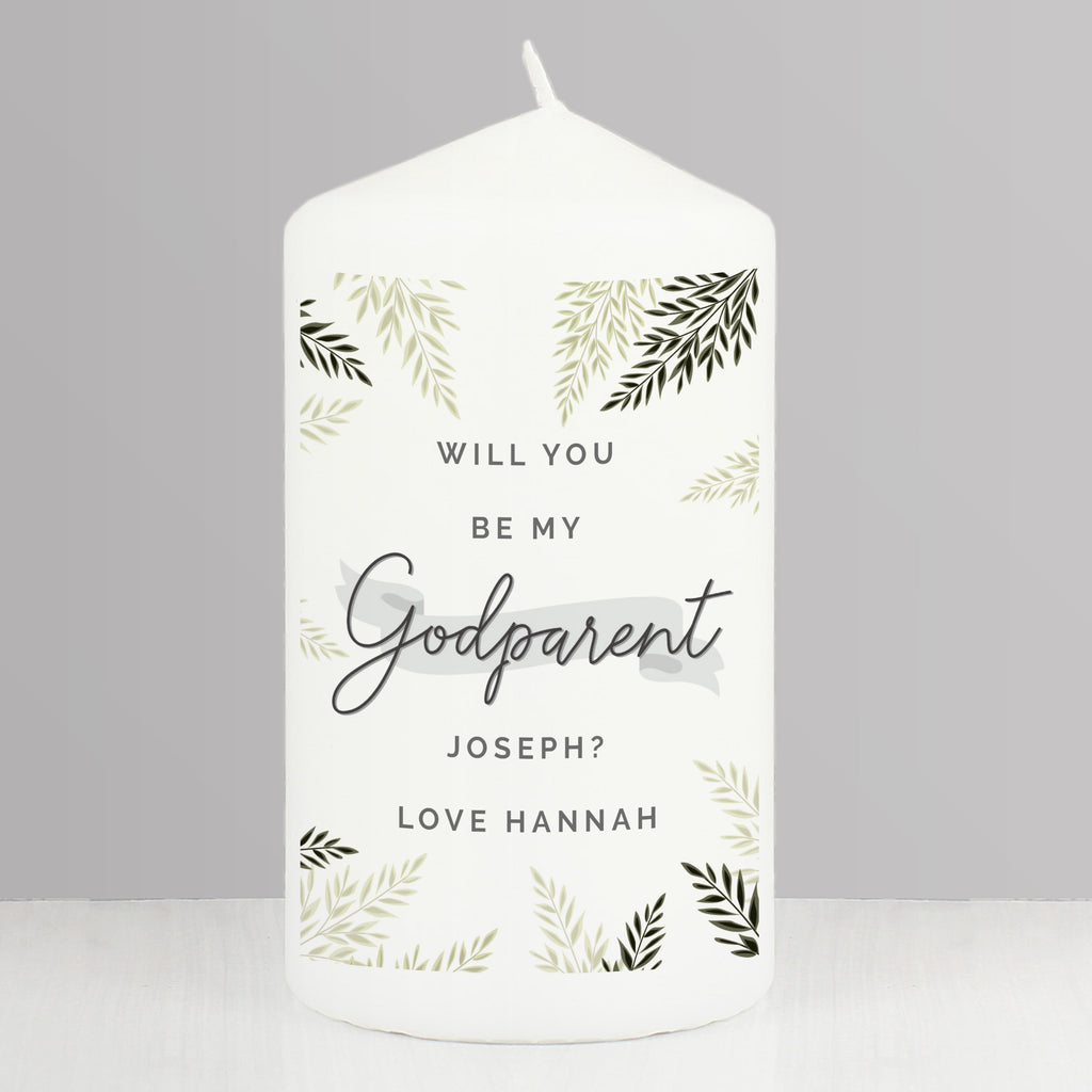 Personalised Godparent Leaves Pillar Candle for Christening