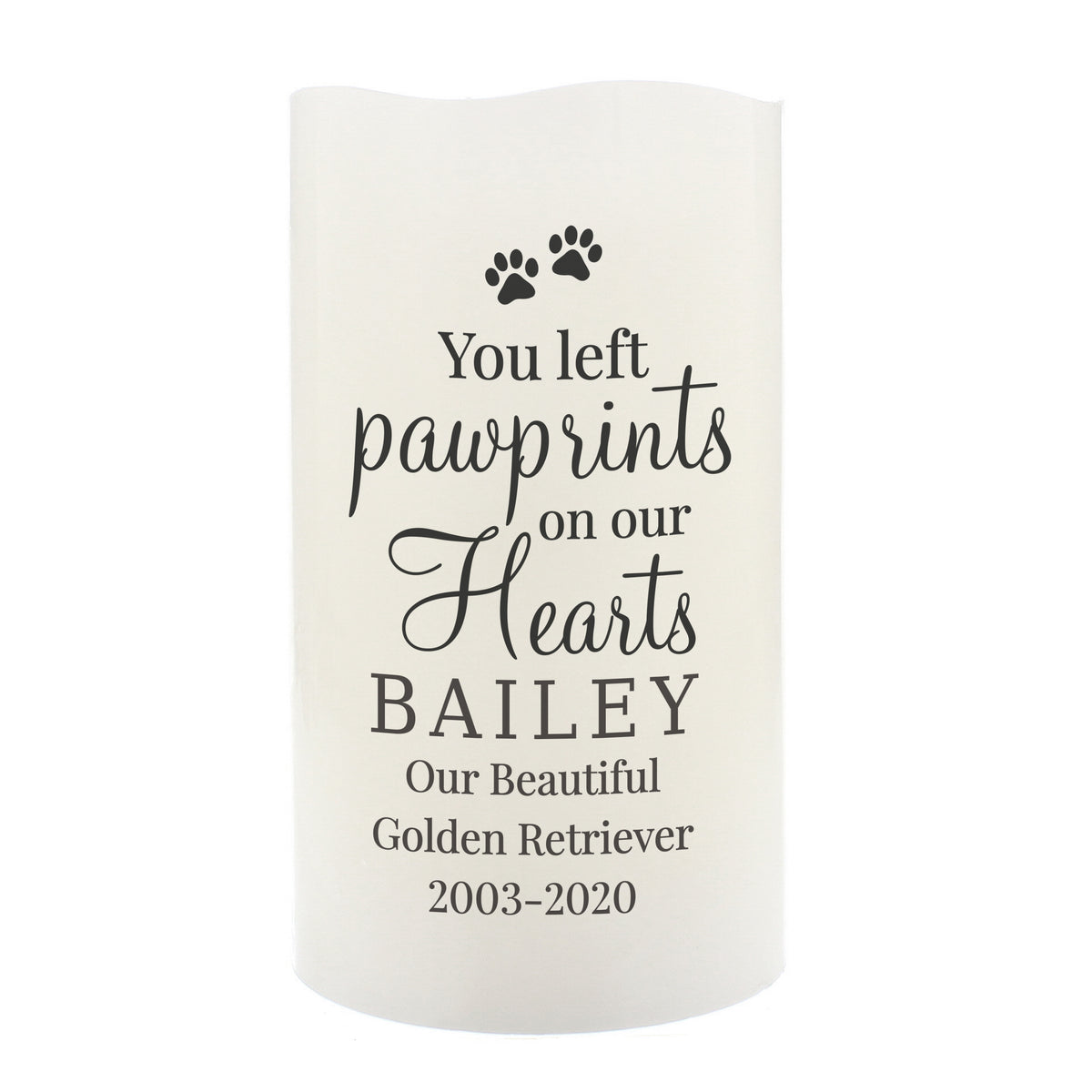 Personalised Pawprints On Our Hearts LED Candle | Memorial Gift