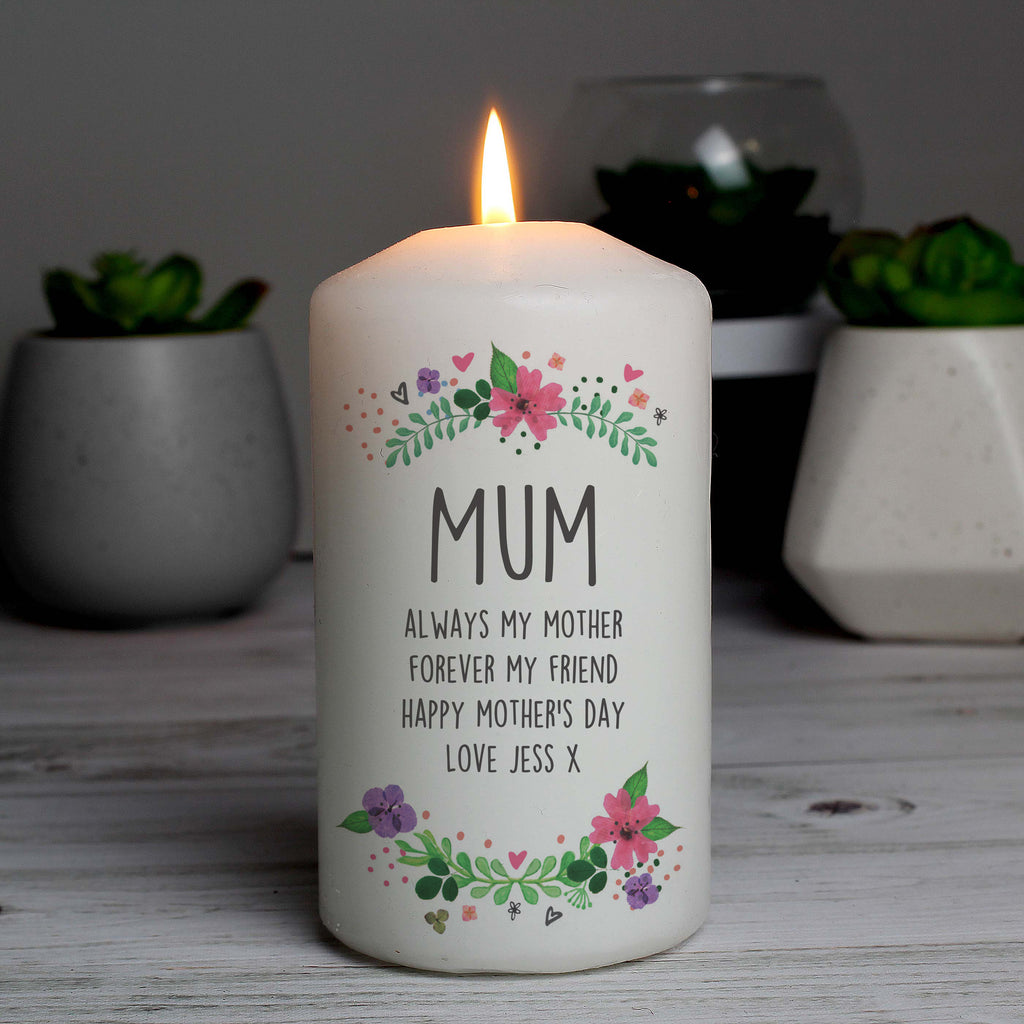Personalised Floral Pillar Candle | Candles & Reed Diffusers | Mother's Day Gift