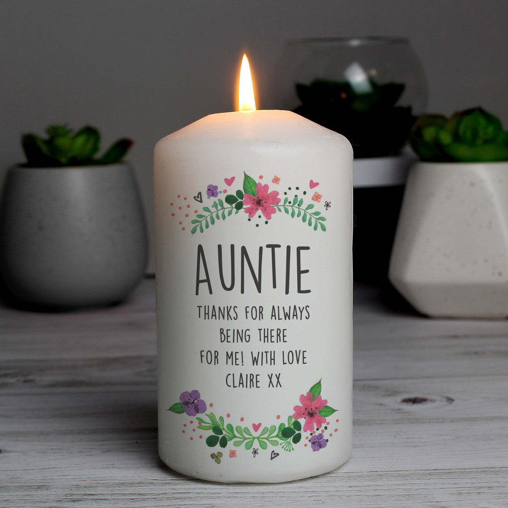 Personalised Floral Pillar Candle | Candles & Reed Diffusers | Mother's Day Gift