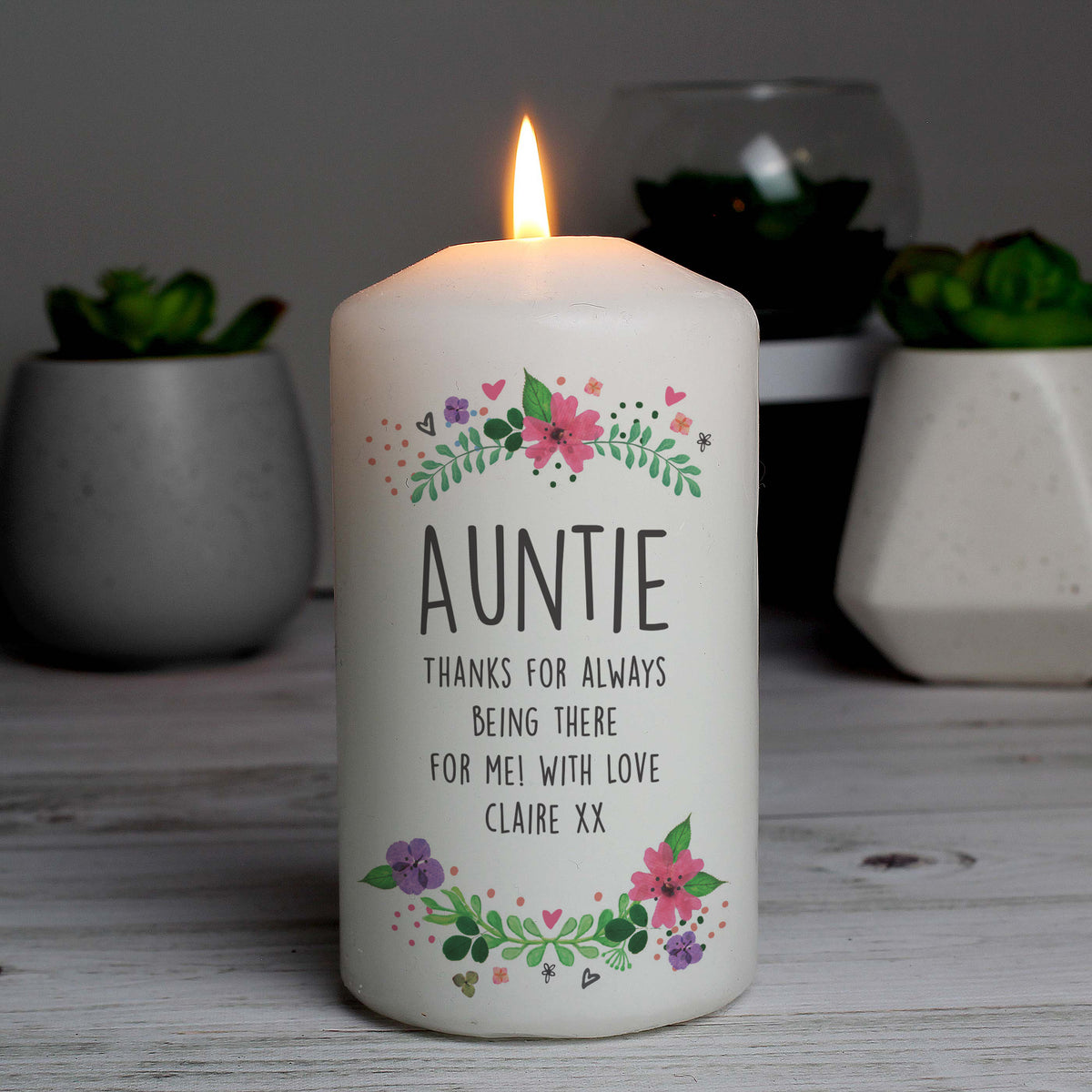 Personalised Floral Pillar Candle | Candles & Reed Diffusers | Mother's Day Gift
