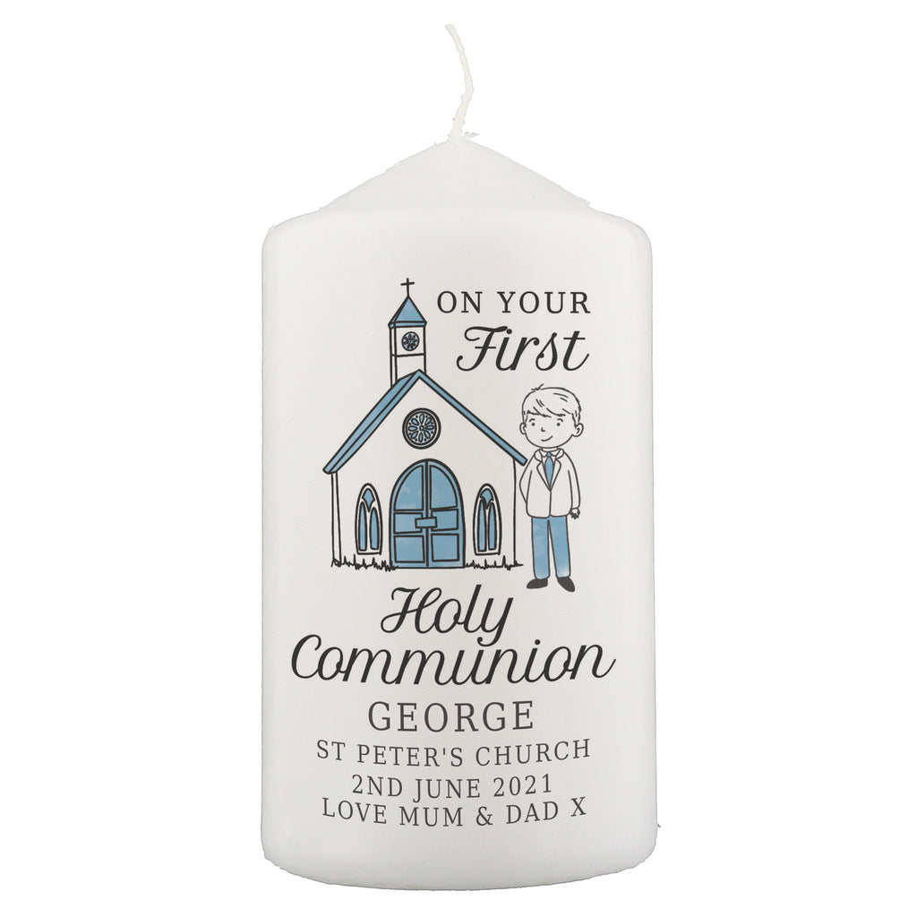 Personalised Boys First Holy Communion Pillar Candle | Candles & Reed Diffusers | Inspired Creative Gifts
