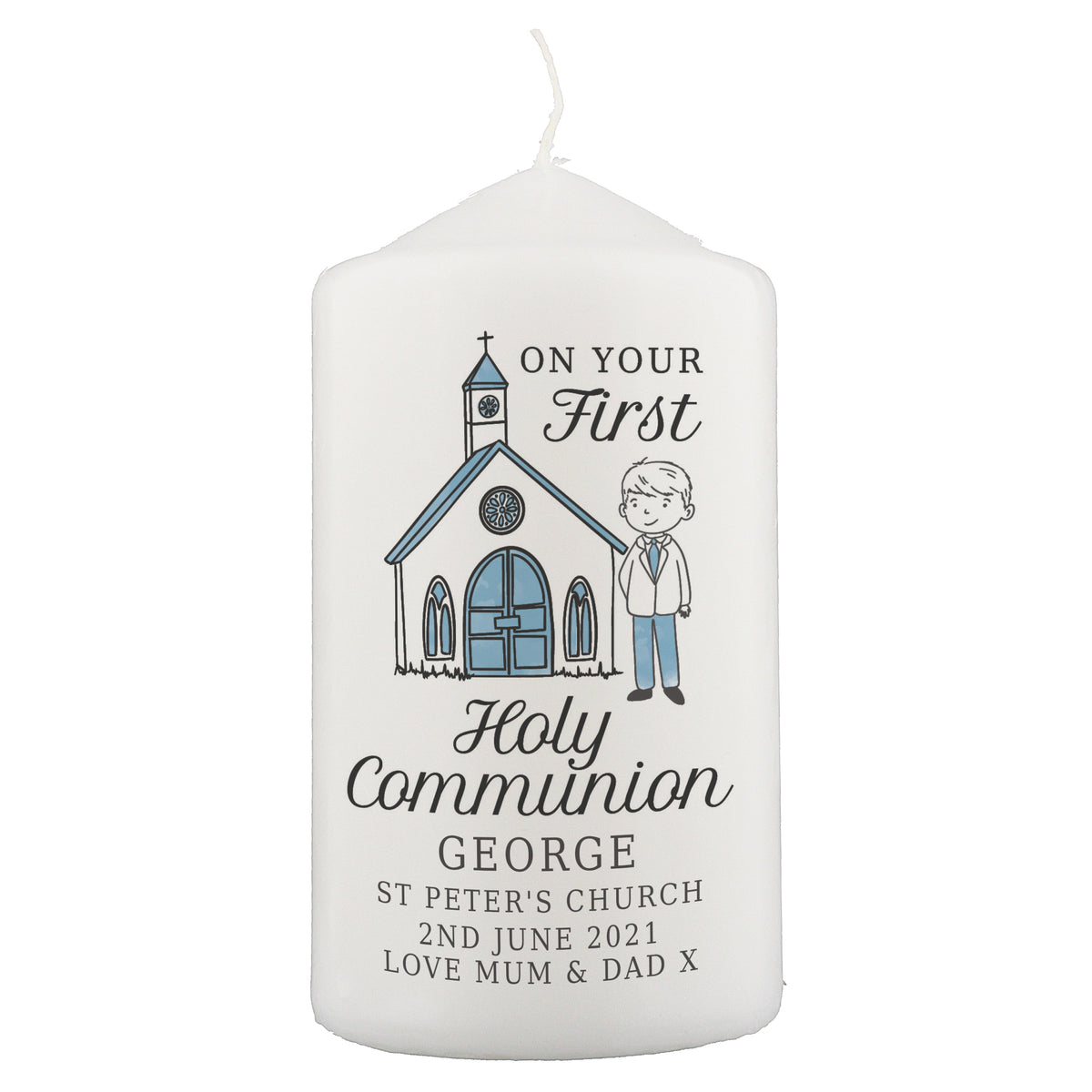 Personalised Boys First Holy Communion Pillar Candle | Candles & Reed Diffusers | Inspired Creative Gifts