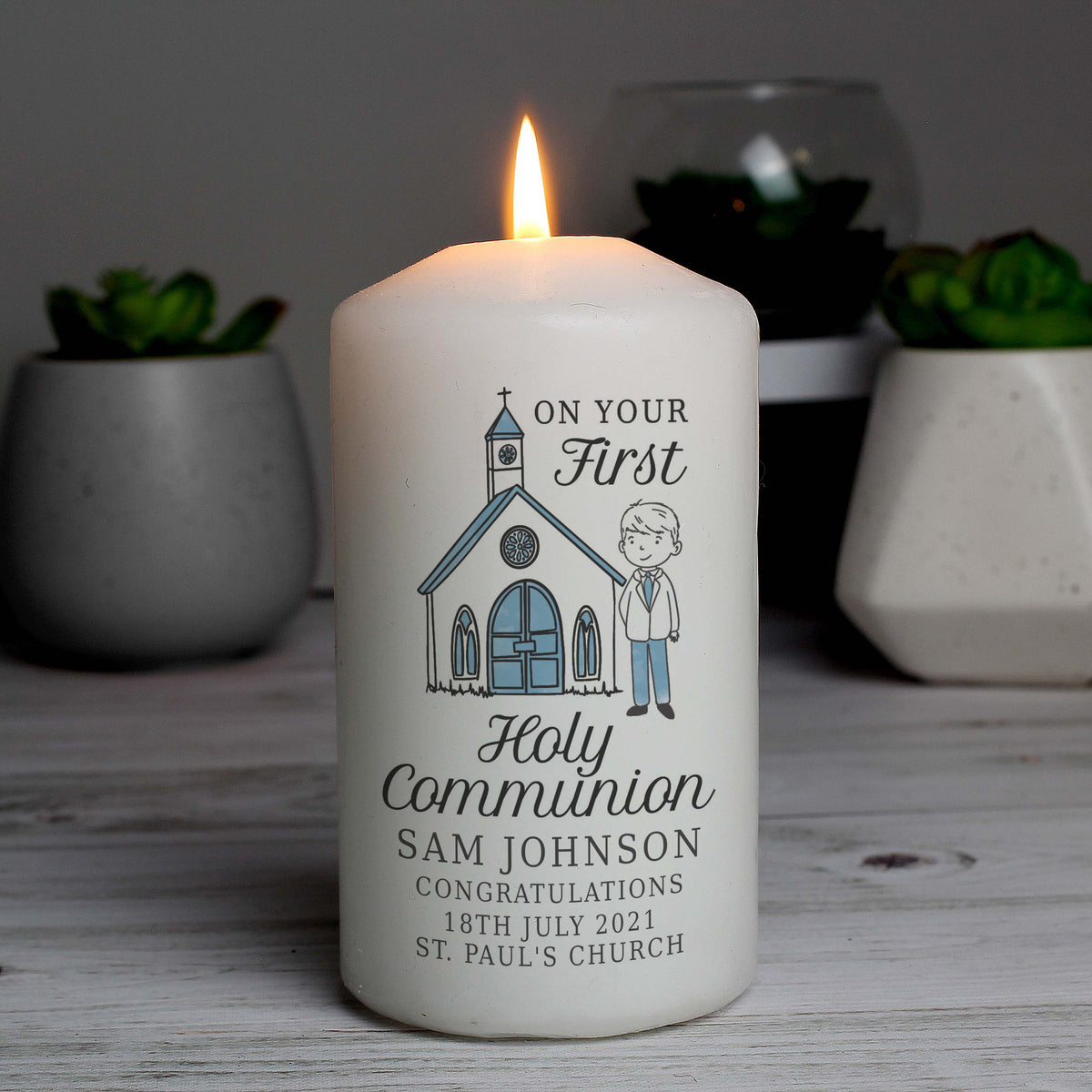 Personalised Boys First Holy Communion Pillar Candle | Candles & Reed Diffusers | Inspired Creative Gifts