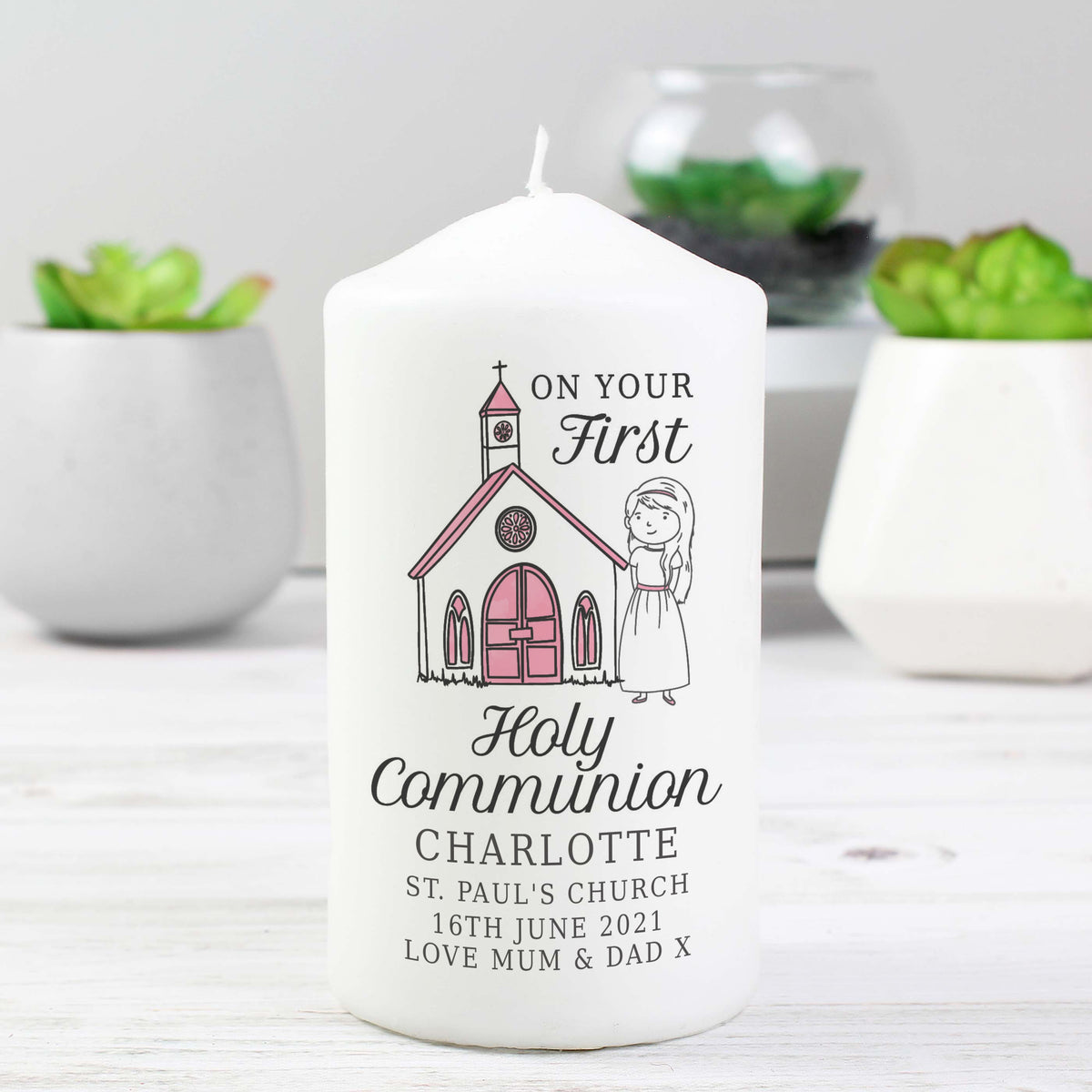 Personalised Girls First Holy Communion Pillar Candle | Candles & Reed Diffusers | Christening Gift