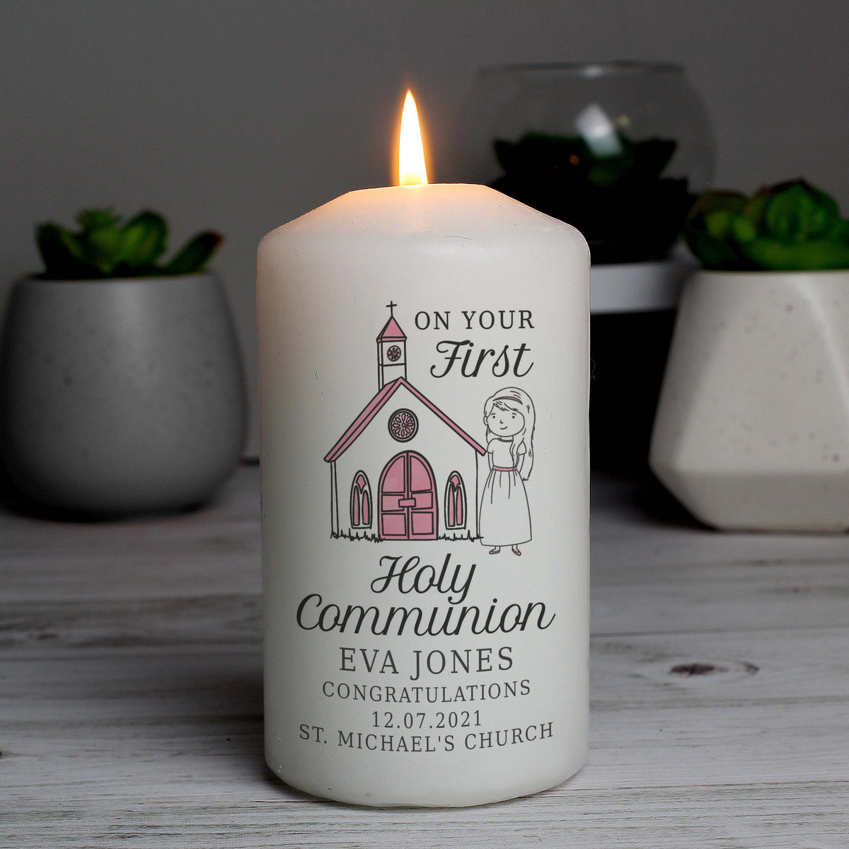 Personalised Girls First Holy Communion Pillar Candle | Candles & Reed Diffusers | Christening Gift