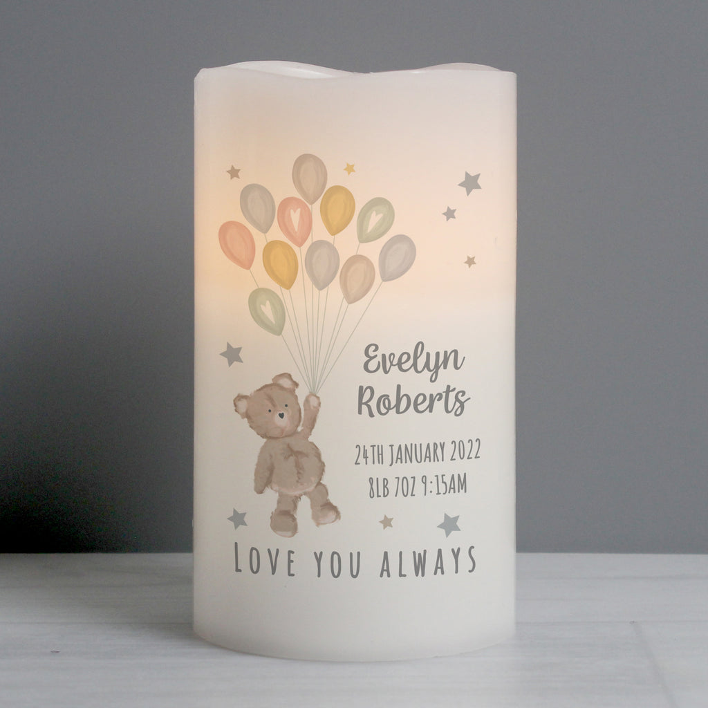 Personalised Teddy & Balloons Nightlight LED Candle | Christening Gift