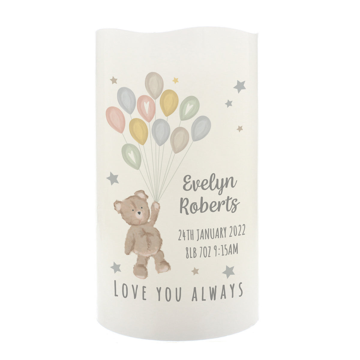 Personalised Teddy & Balloons Nightlight LED Candle | Christening Gift