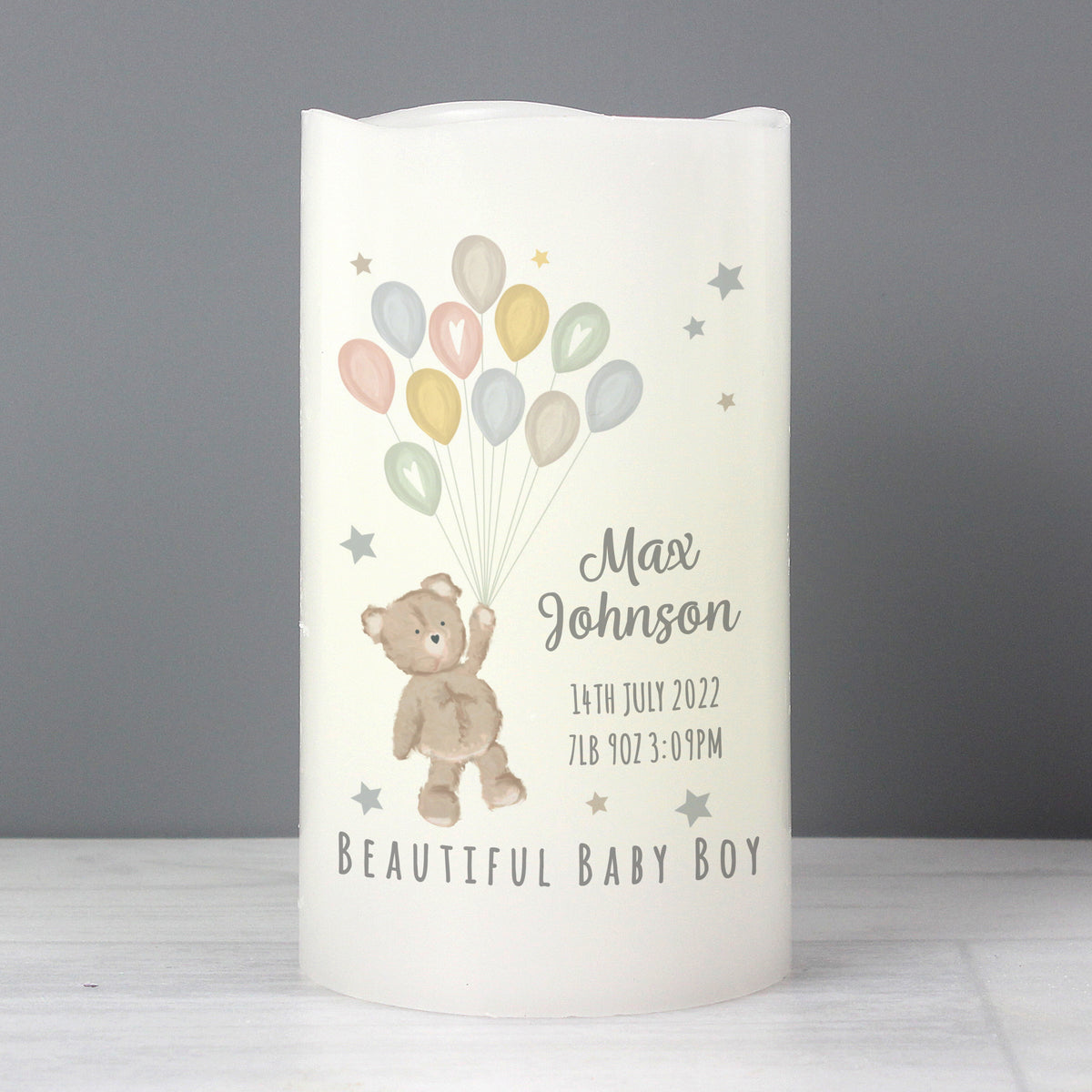 Personalised Teddy & Balloons Nightlight LED Candle | Christening Gift