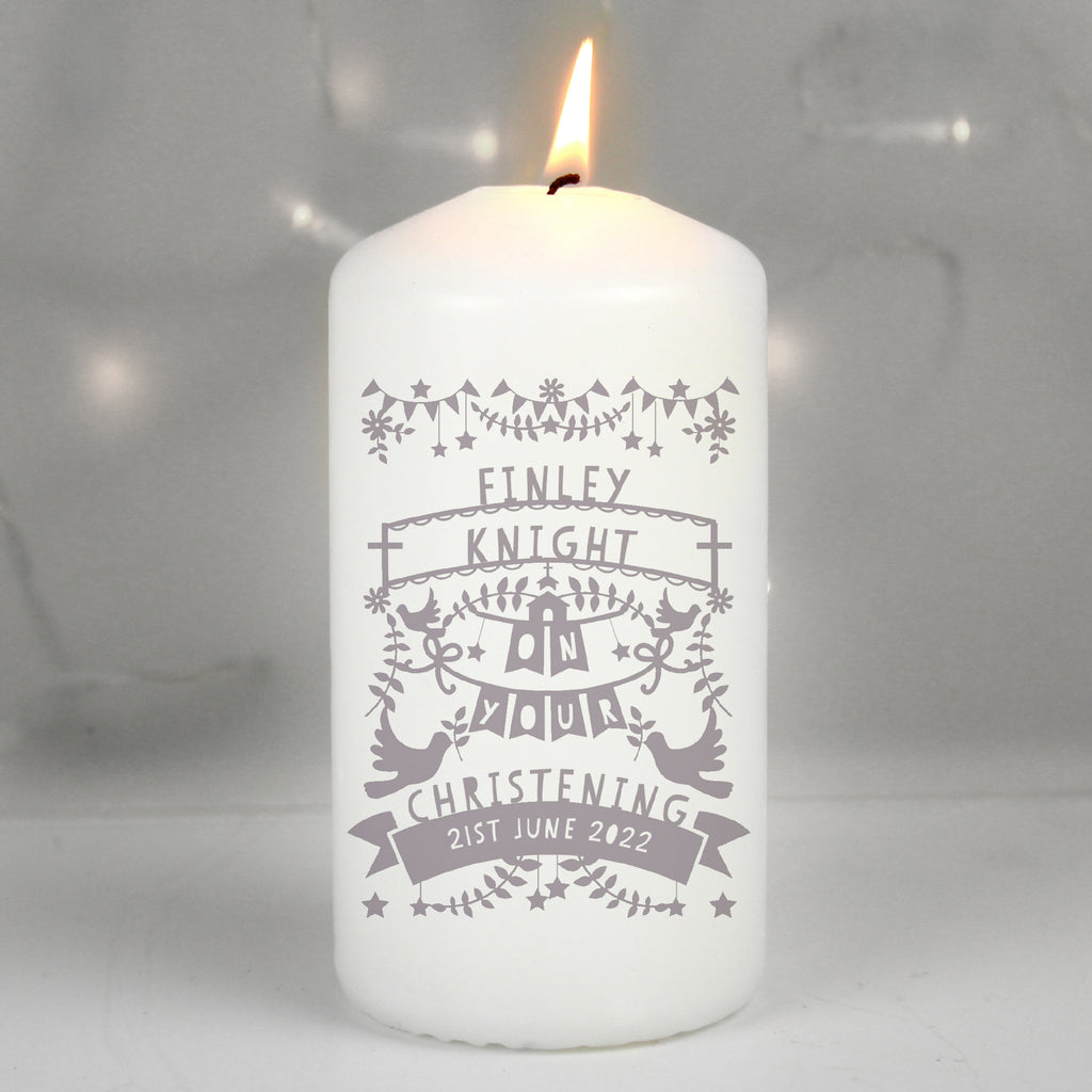 Personalised Grey Papercut Style Pillar Candle | Candles & Reed Diffusers | Wedding Gift
