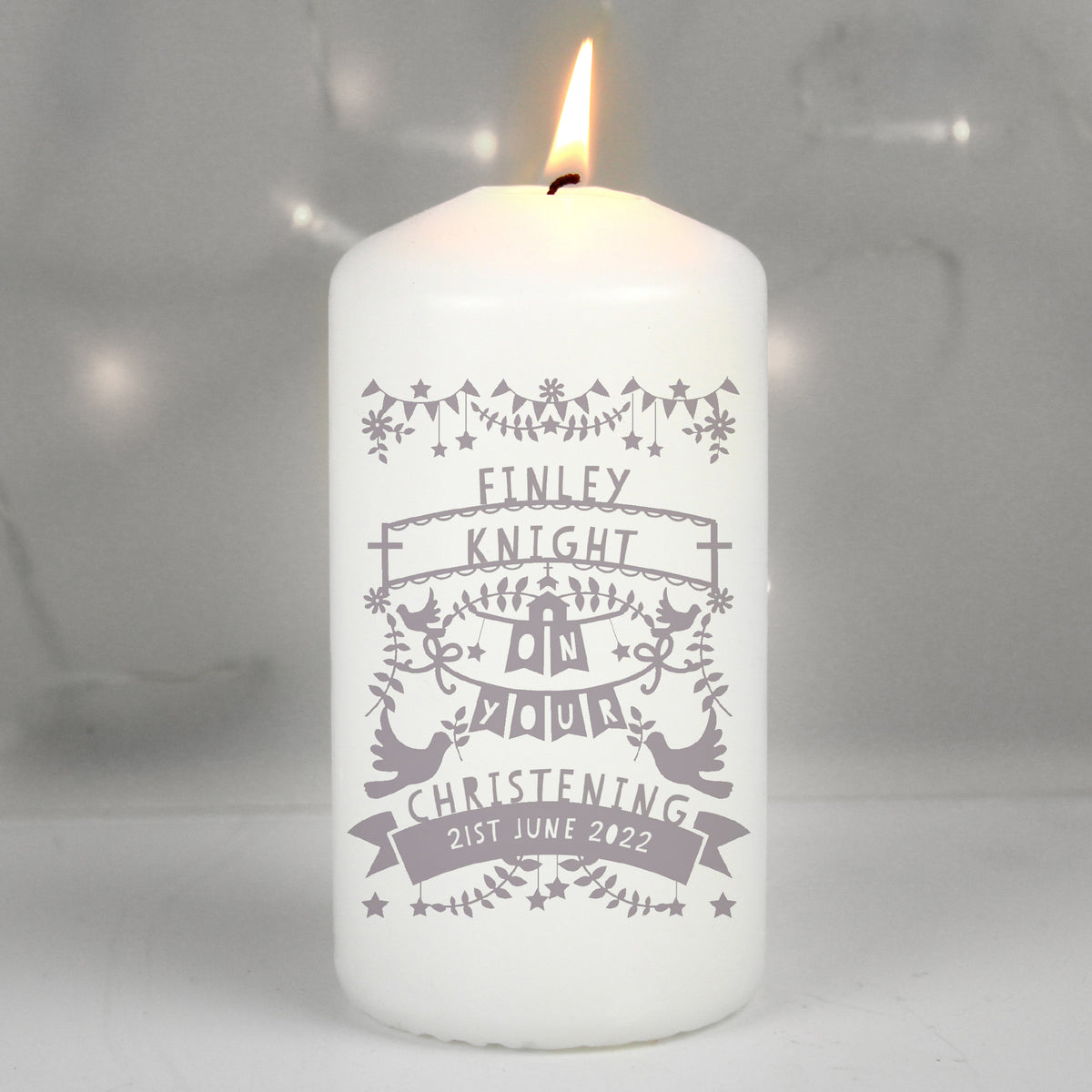 Personalised Grey Papercut Style Pillar Candle | Candles & Reed Diffusers | Wedding Gift