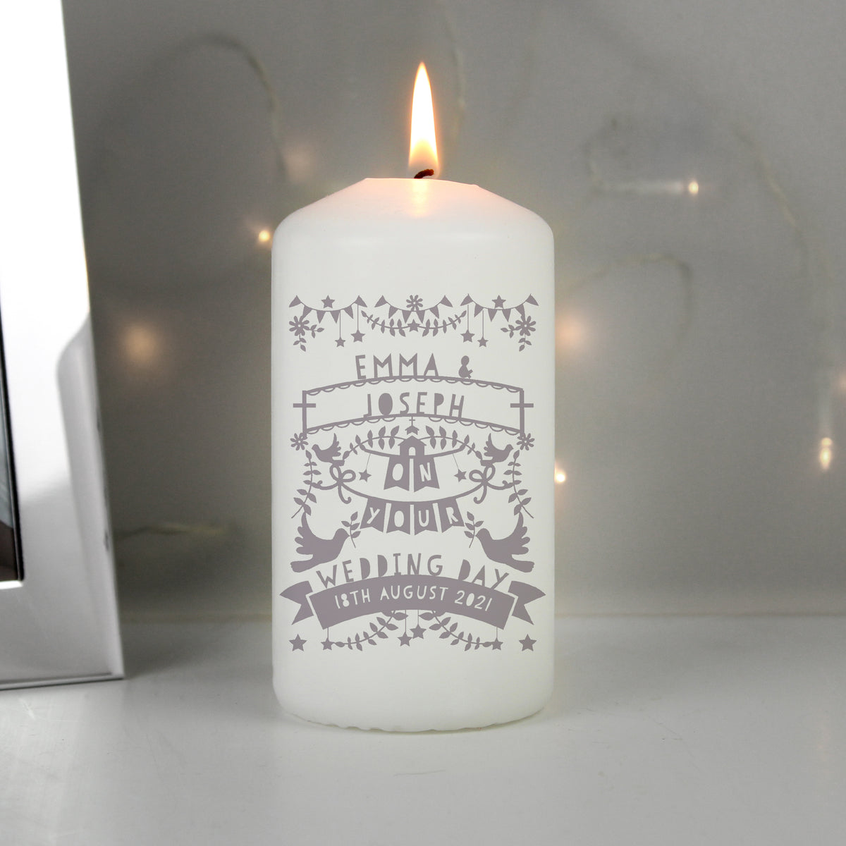 Personalised Grey Papercut Style Pillar Candle | Candles & Reed Diffusers | Wedding Gift