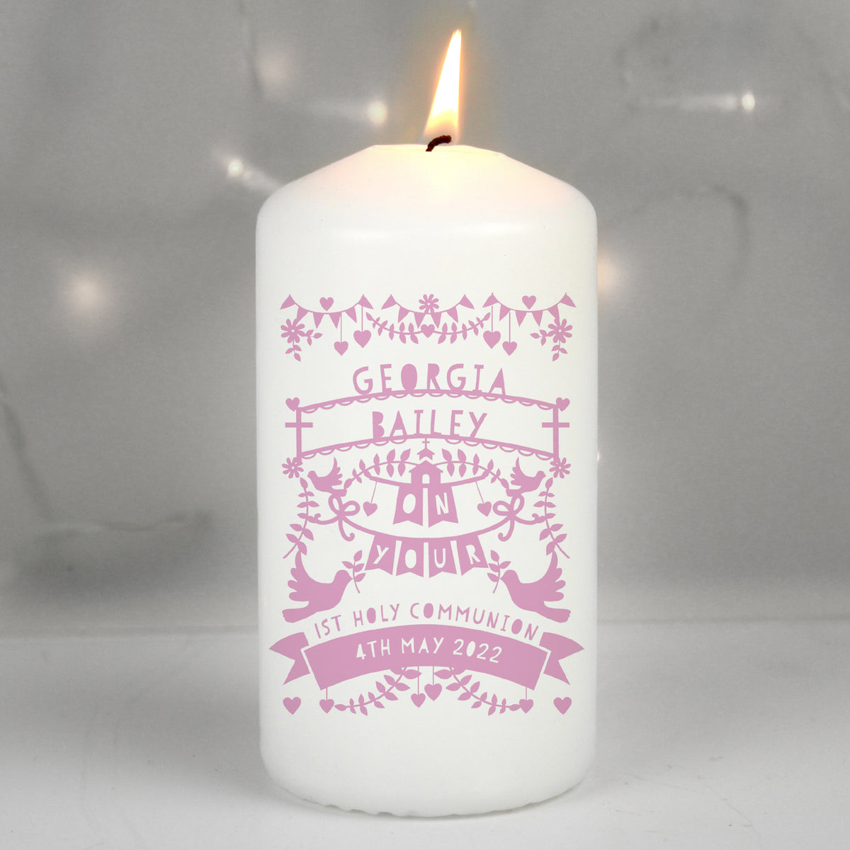 Personalised Pink Papercut Style Pillar Candle | Candles & Reed Diffusers | Inspired Creative Gifts