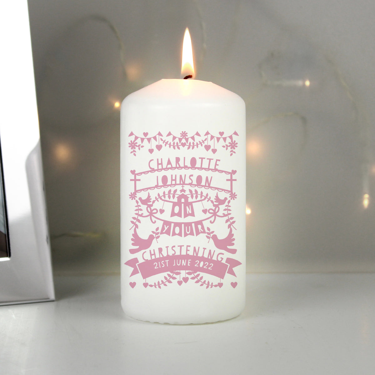 Personalised Pink Papercut Style Pillar Candle | Candles & Reed Diffusers | Inspired Creative Gifts