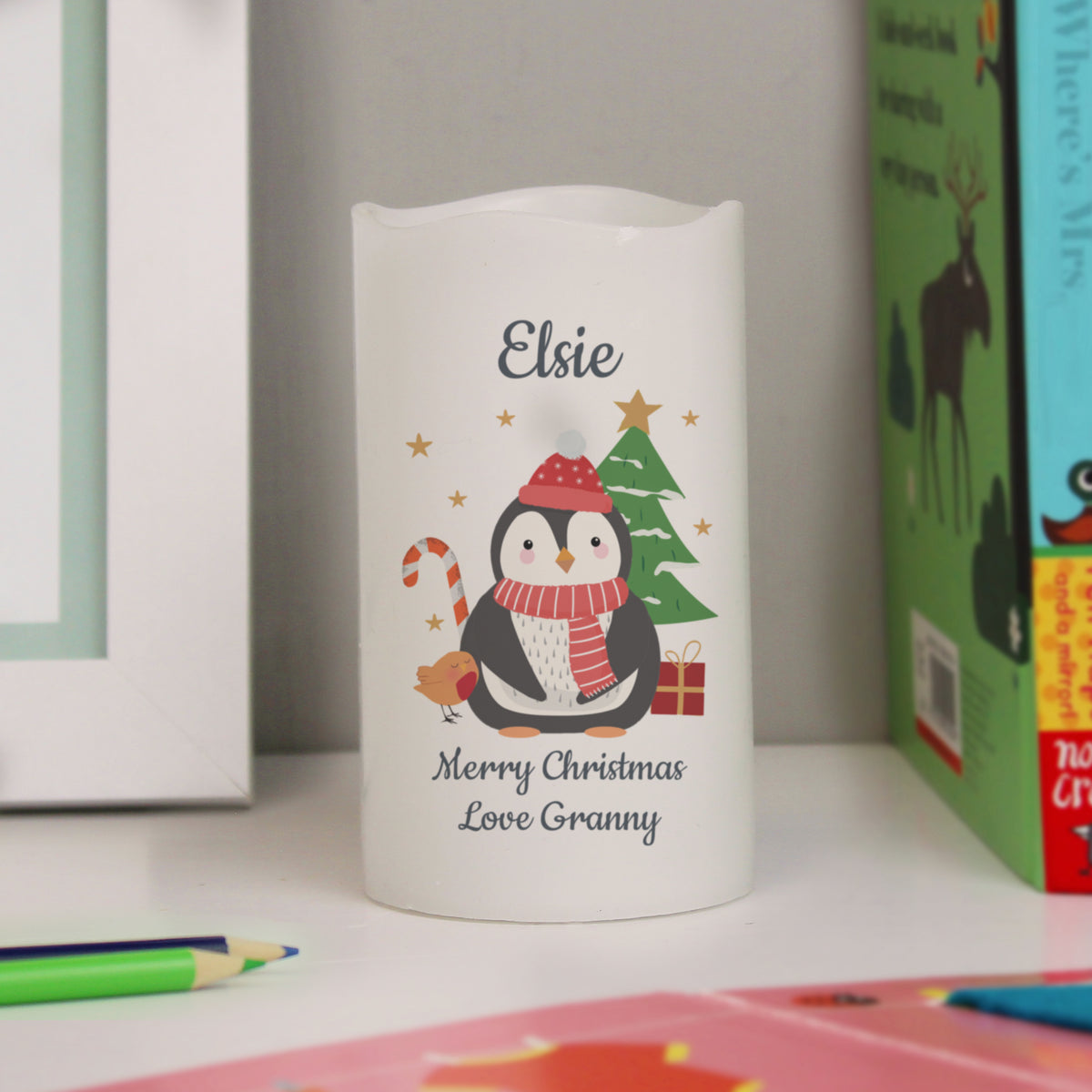 Personalised Penguin Christmas LED Candle for Christmas