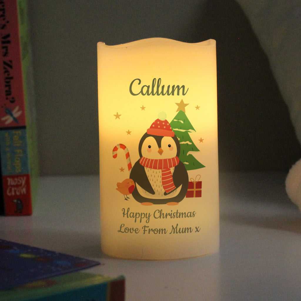 Personalised Penguin Christmas LED Candle for Christmas