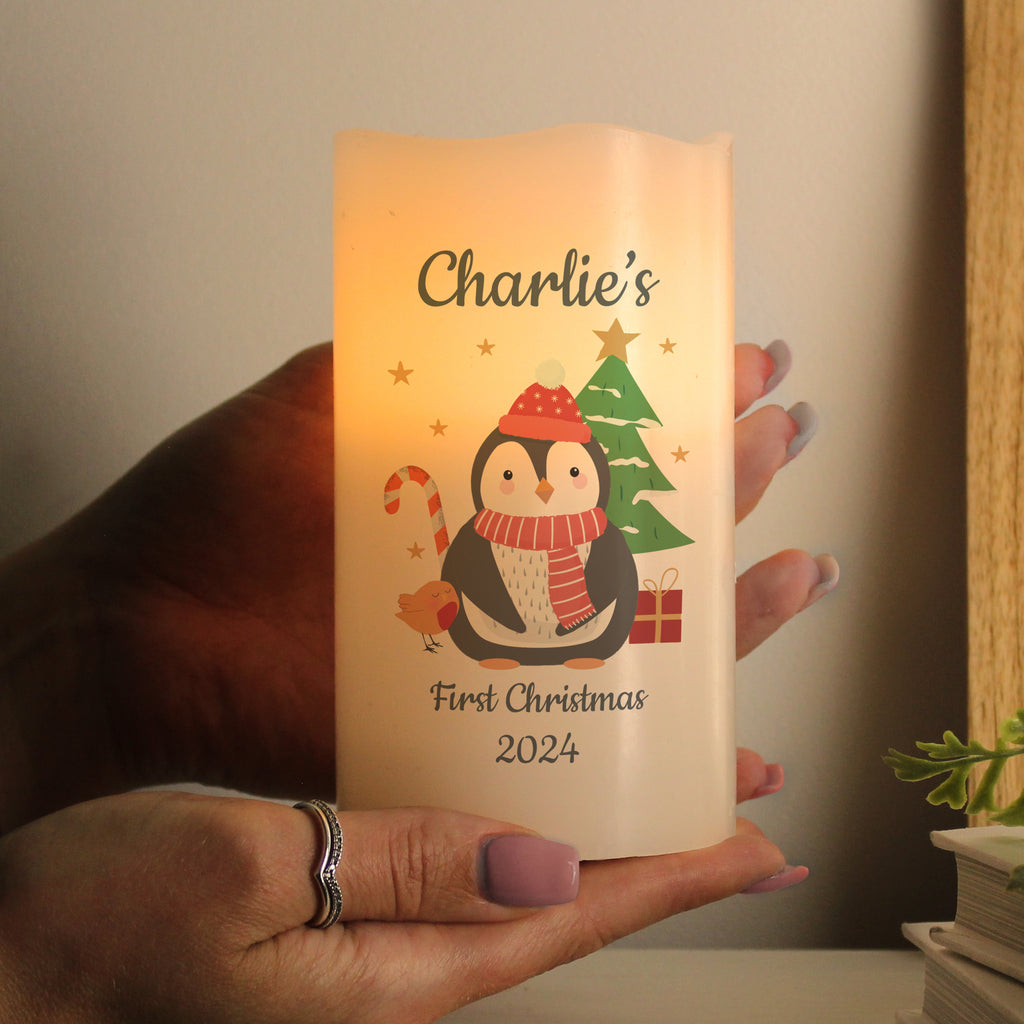 Personalised Penguin Christmas LED Candle for Christmas