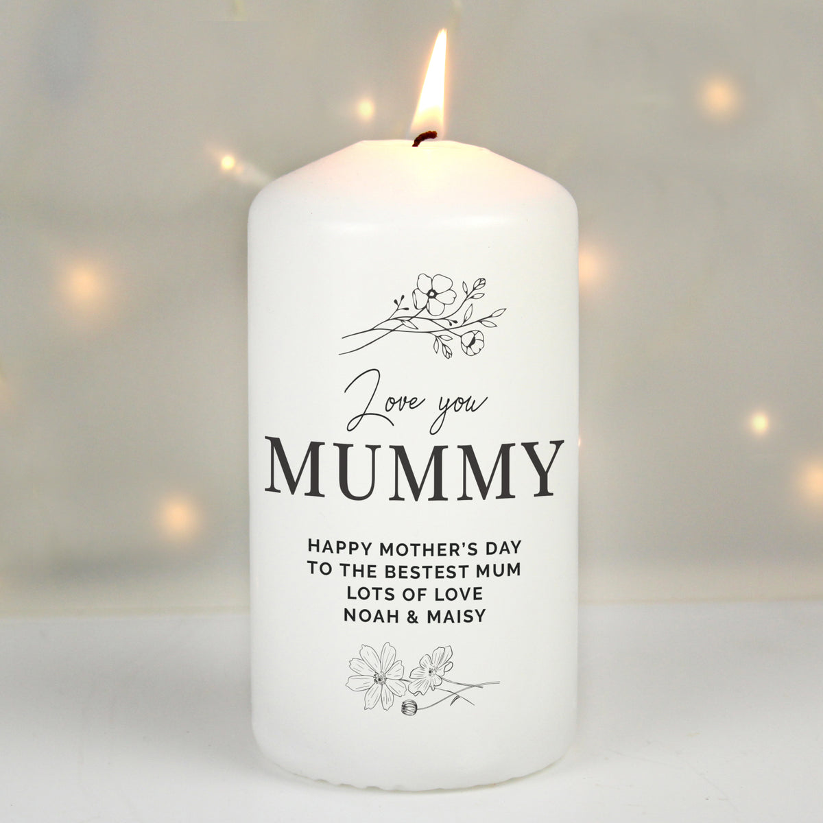 Personalised Fineline Floral Pillar Candle | Candles & Reed Diffusers | Mother's Day Gift