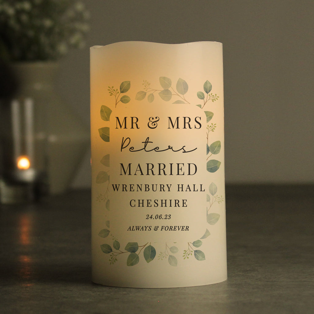 Personalised Botanical Free Text LED Candle for Wedding