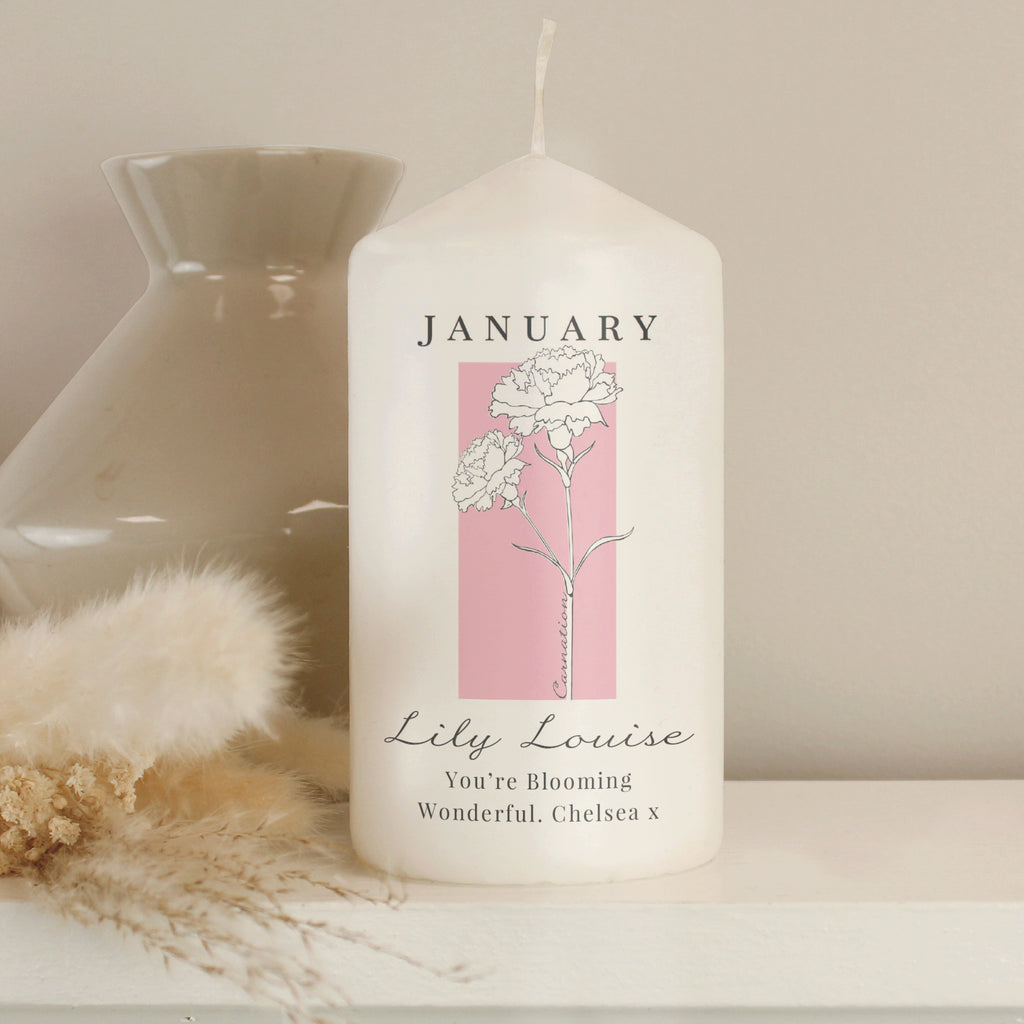 Personalised Birth Flower Pillar Candle | Candles & Reed Diffusers