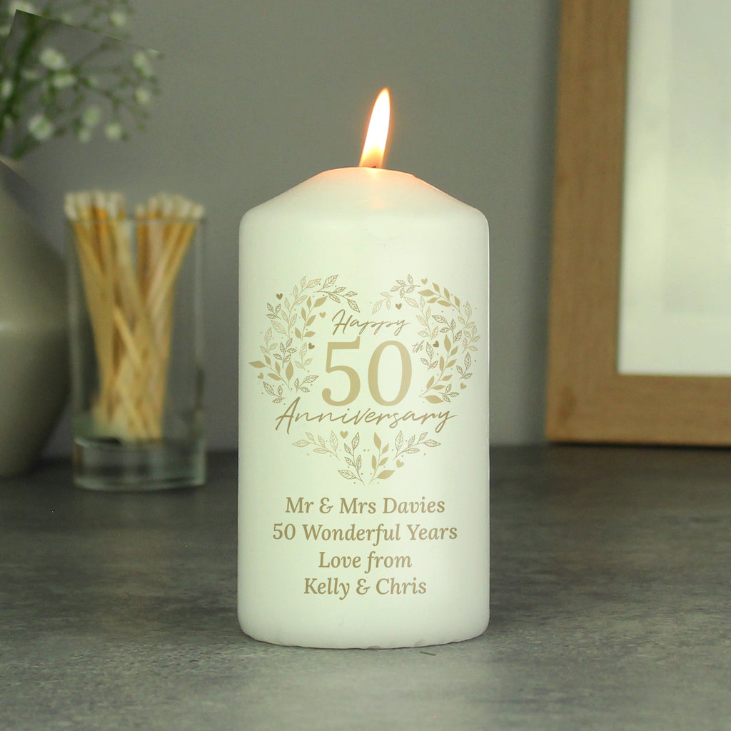 Personalised 50th Golden Wedding Anniversary Pillar Candle | Candles & Reed Diffusers | Inspired Creative Gifts