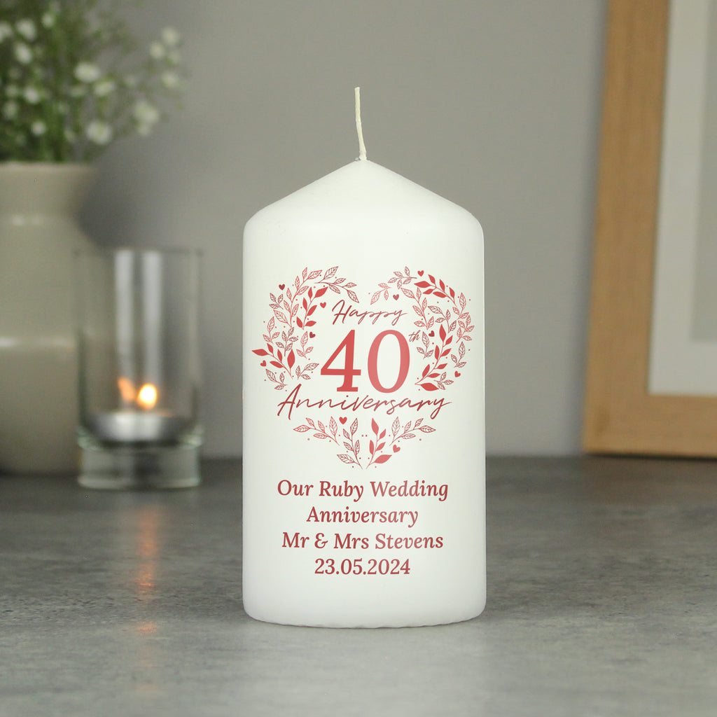 Personalised 40th Ruby Wedding Anniversary Pillar Candle | Candles & Reed Diffusers