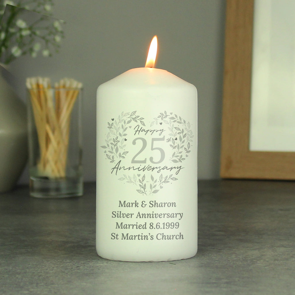 Personalised 25th Silver Wedding Anniversary Pillar Candle | Candles & Reed Diffusers