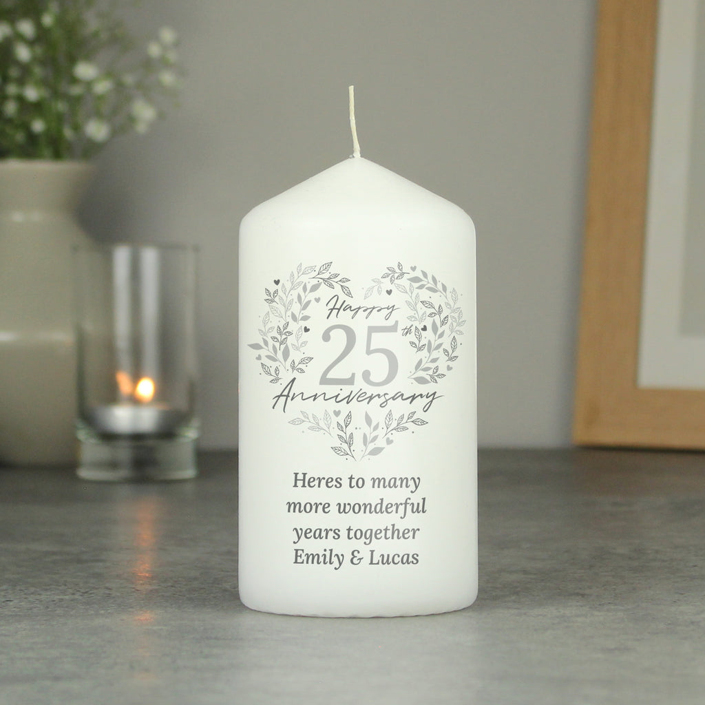 Personalised 25th Silver Wedding Anniversary Pillar Candle | Candles & Reed Diffusers