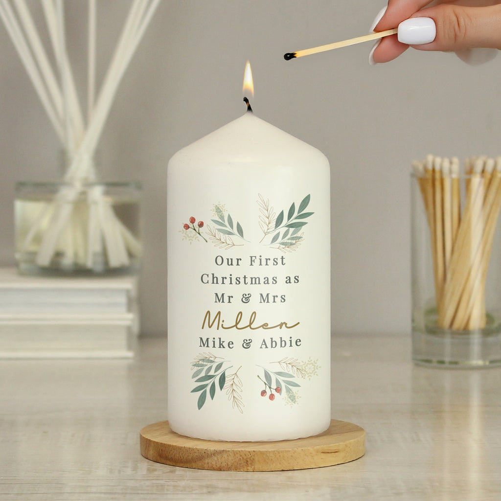 Personalised Christmas Foliage Pillar Candle | Christmas Gift