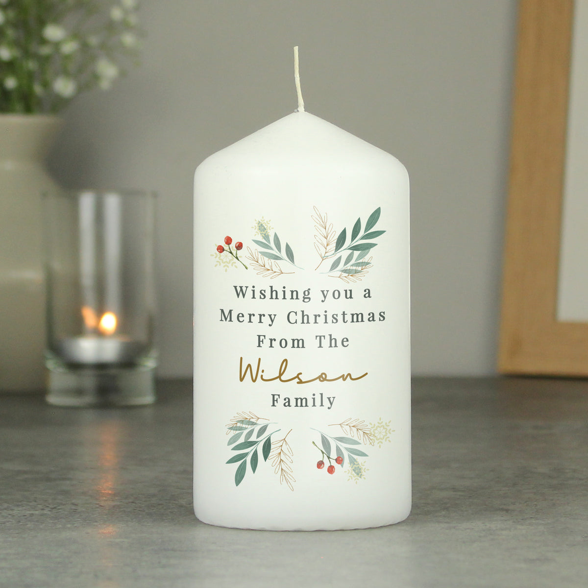 Personalised Christmas Foliage Pillar Candle | Christmas Gift