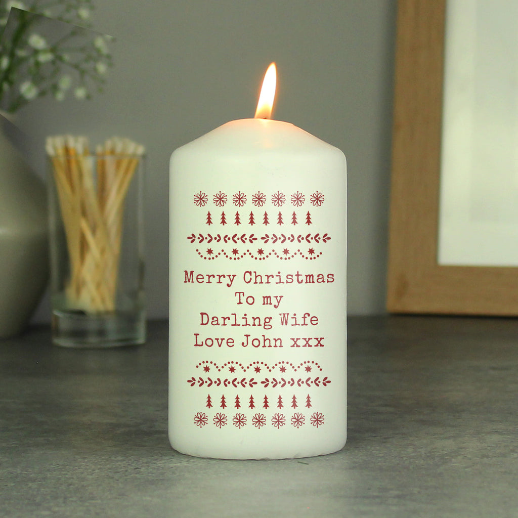 Personalised Christmas Fair Isle Pillar Candle | Candles & Reed Diffusers | Christmas Gift